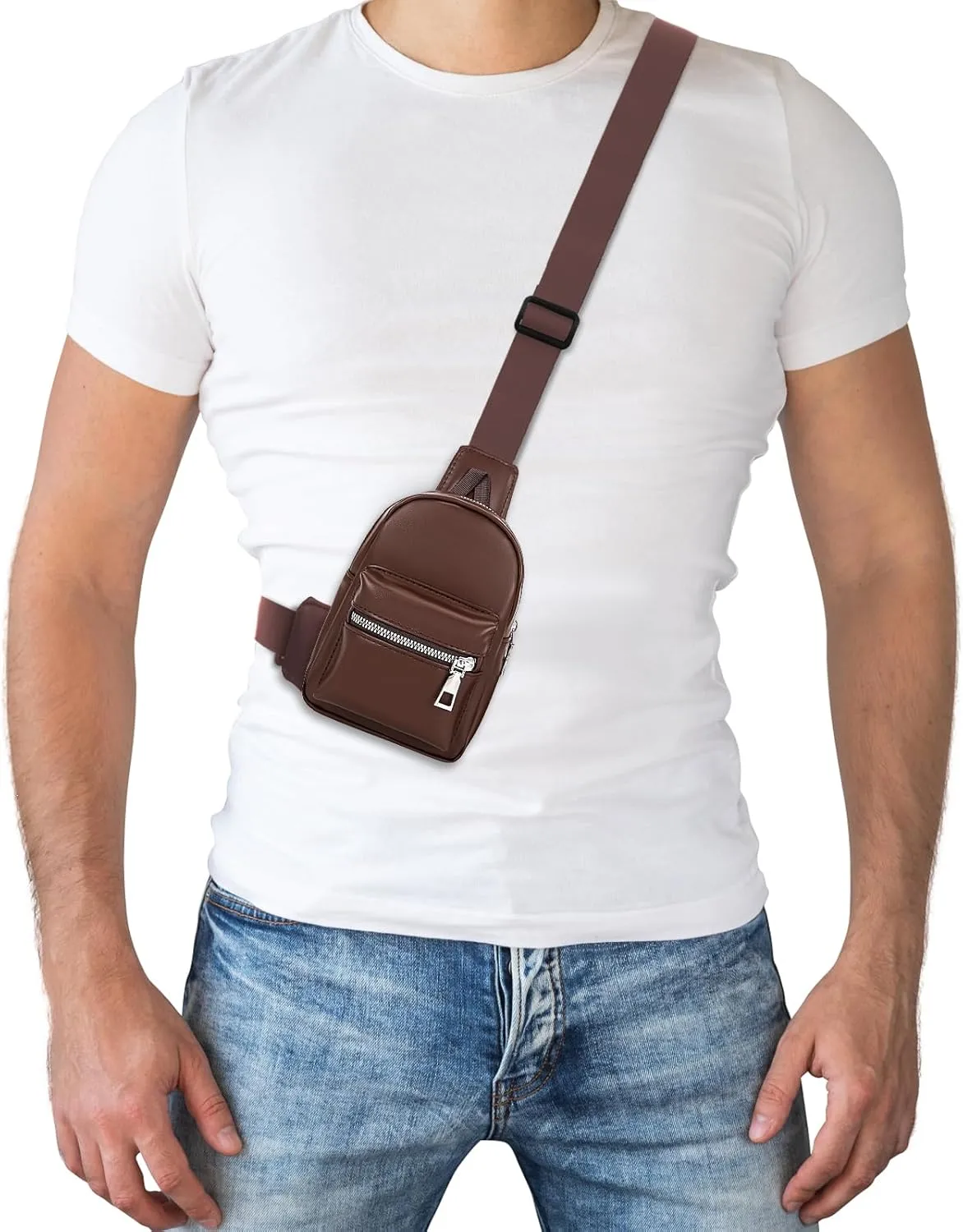 Peicees Mini Leather Sling Bag for Men Women Travel Daily Crossbody Bag Phone Holder