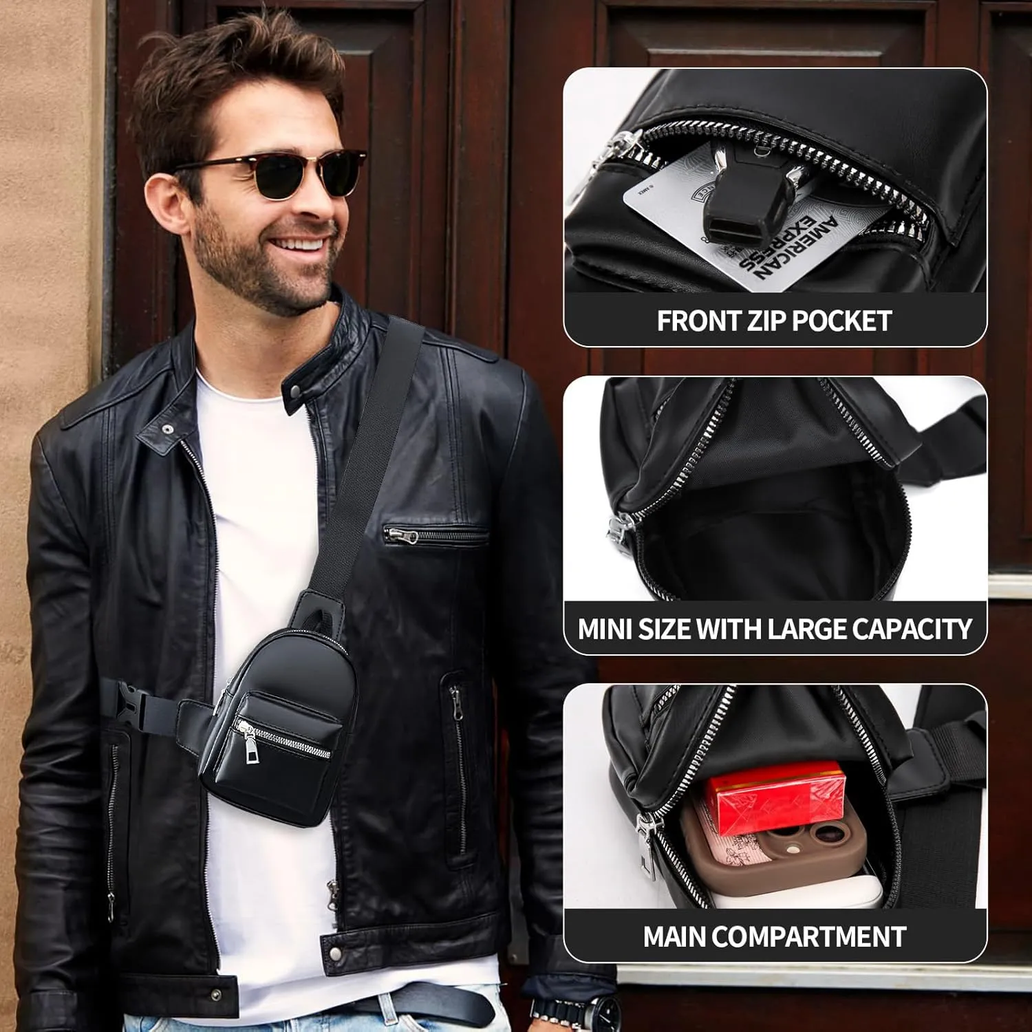 Peicees Mini Leather Sling Bag for Men Women Travel Daily Crossbody Bag Phone Holder