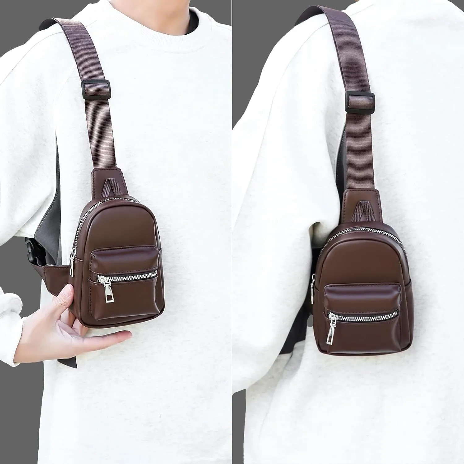 Peicees Mini Leather Sling Bag for Men Women Travel Daily Crossbody Bag Phone Holder