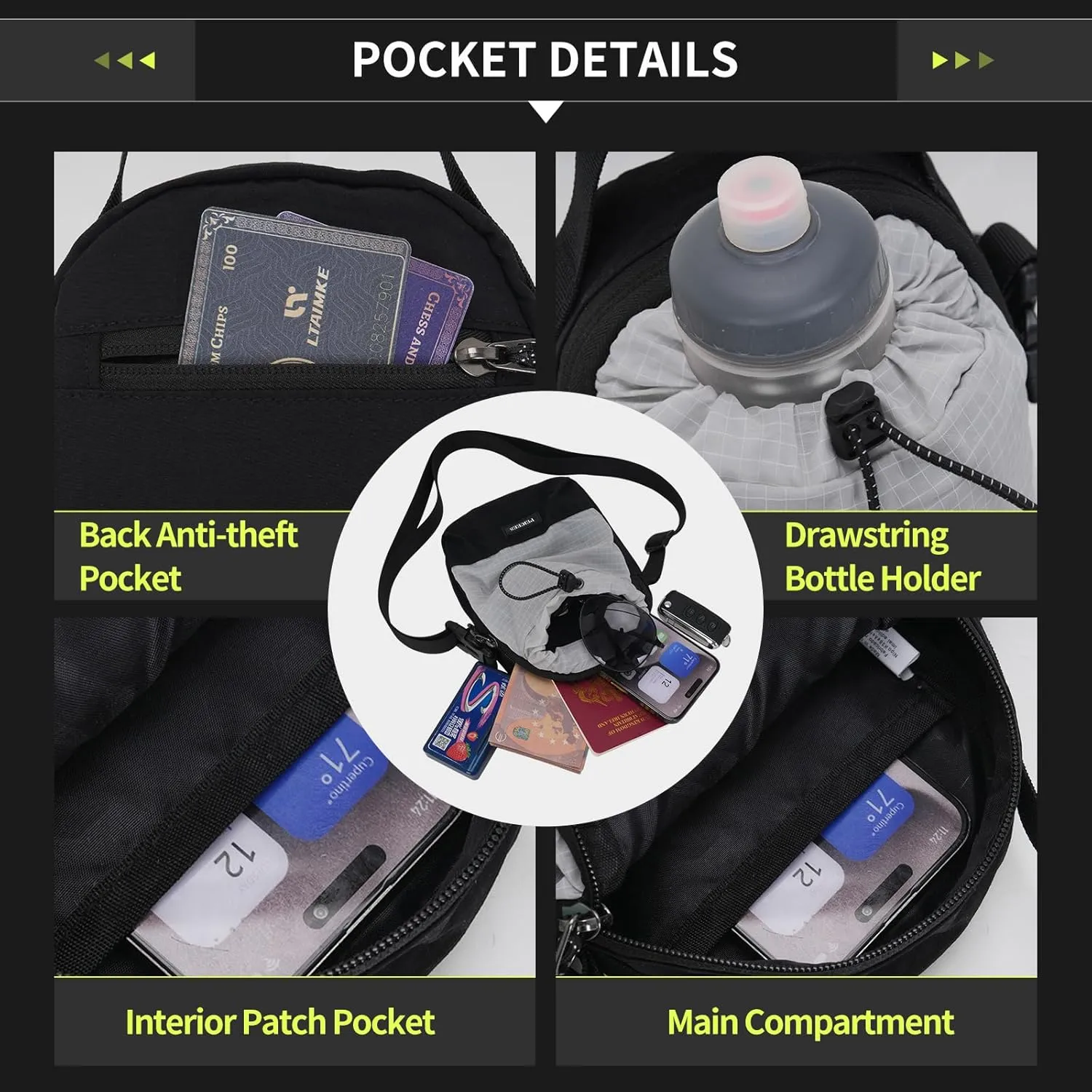 Peicees Water Bottle Carrier Bag with Phone Pocket and Anti-theft Back Pocket, Water Bottle Holder with Adjustable Shoulder and Handheld Strap, Purple