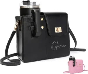 Personalized water cup holder bag, personalized laser engraved crossbody tumbler purse, tumbler holder with name initial (Style 2, Black)