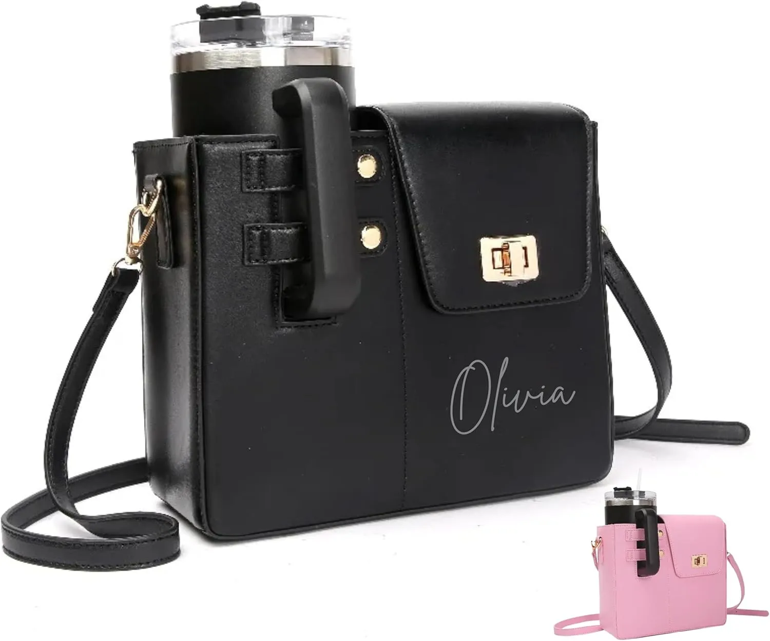 Personalized water cup holder bag, personalized laser engraved crossbody tumbler purse, tumbler holder with name initial (Style 2, Black)