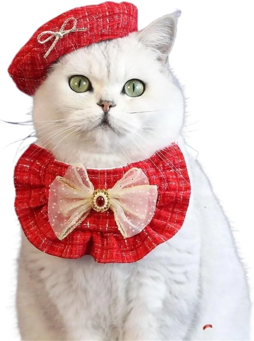 Pet Festive lace bib Bud hat Golden Precious Stone Bow Teddy Puppy cat red Suit(Red Beret)