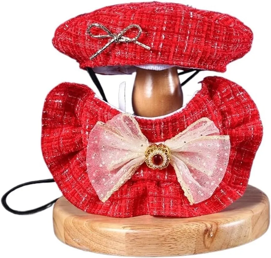 Pet Festive lace bib Bud hat Golden Precious Stone Bow Teddy Puppy cat red Suit(Red Beret)