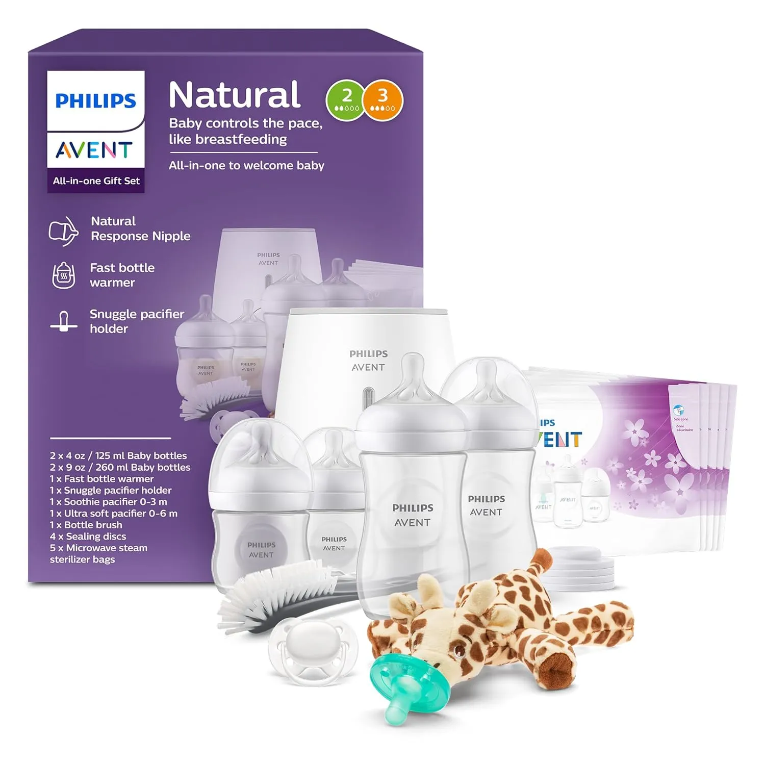 Philips Avent Natural All-in-One Baby Gift Set, Bottles with Natural Response Nipples 2x 4oz (Slow Flow, Flow 2), 2x 9oz (Medium Flow, Flow 3), Bottle Warmer, Soothie & Ultra Soft Pacifiers, SCD839/01