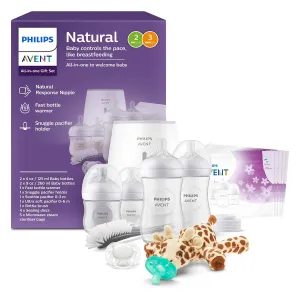 Philips Avent Natural All-in-One Baby Gift Set, Bottles with Natural Response Nipples 2x 4oz (Slow Flow, Flow 2), 2x 9oz (Medium Flow, Flow 3), Bottle Warmer, Soothie & Ultra Soft Pacifiers, SCD839/01