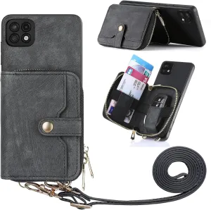 Phone Case for Samsung Galaxy A22 5G/Boost Mobile Celero 5G Zipper Wallet Cover with Credit Card Holder Slot Shoulder Crossbody Strap Long Lanyard Leather Cell Celero5G A 22 22A A22s G5 Women Black
