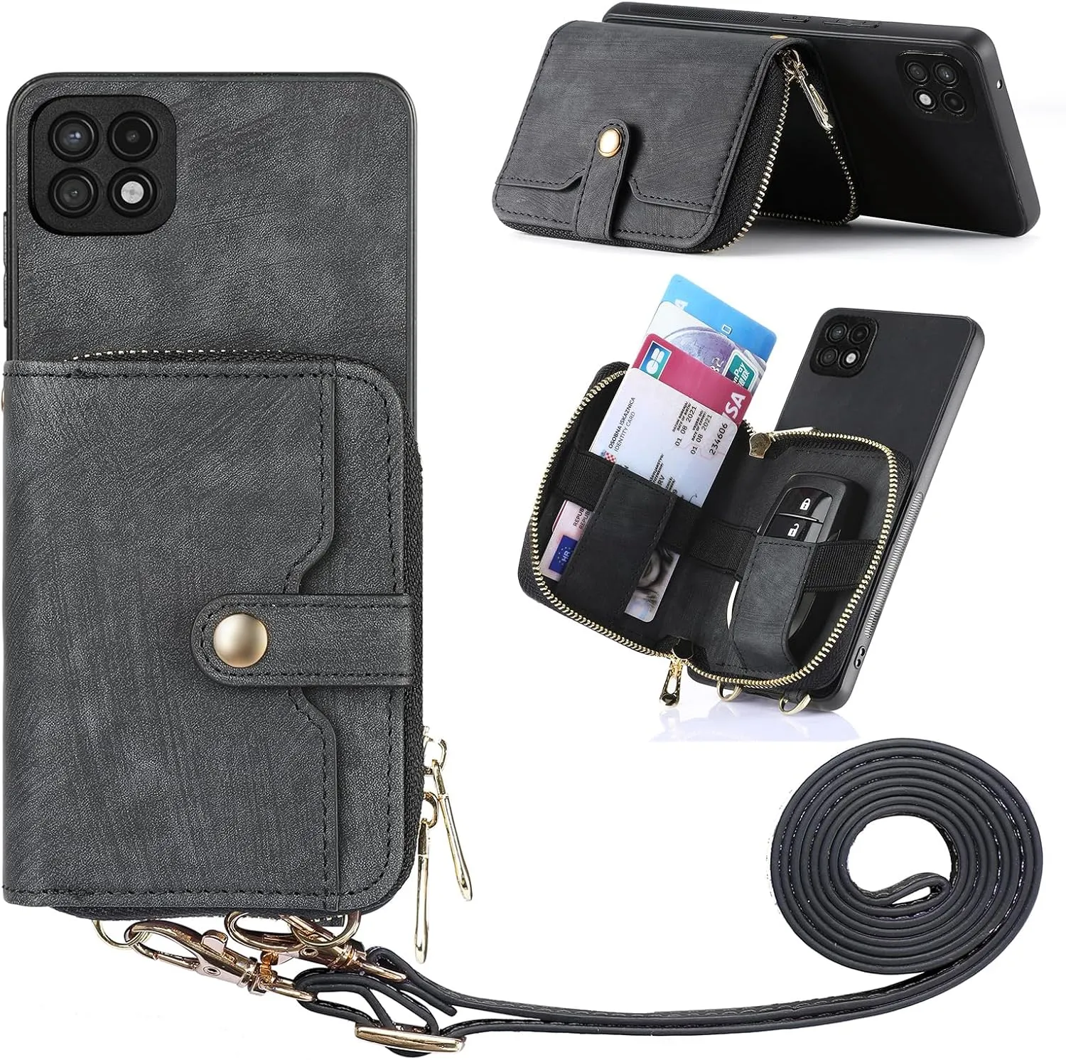 Phone Case for Samsung Galaxy A22 5G/Boost Mobile Celero 5G Zipper Wallet Cover with Credit Card Holder Slot Shoulder Crossbody Strap Long Lanyard Leather Cell Celero5G A 22 22A A22s G5 Women Black