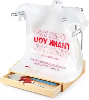 Plastic Grocery Bag Holder, Durable Chrome T-shirt Bag Rack with Wooden Drawer Box, Plastic Bag Organizer for Grocery Store, Supermarket, Kitchen, Restaurant