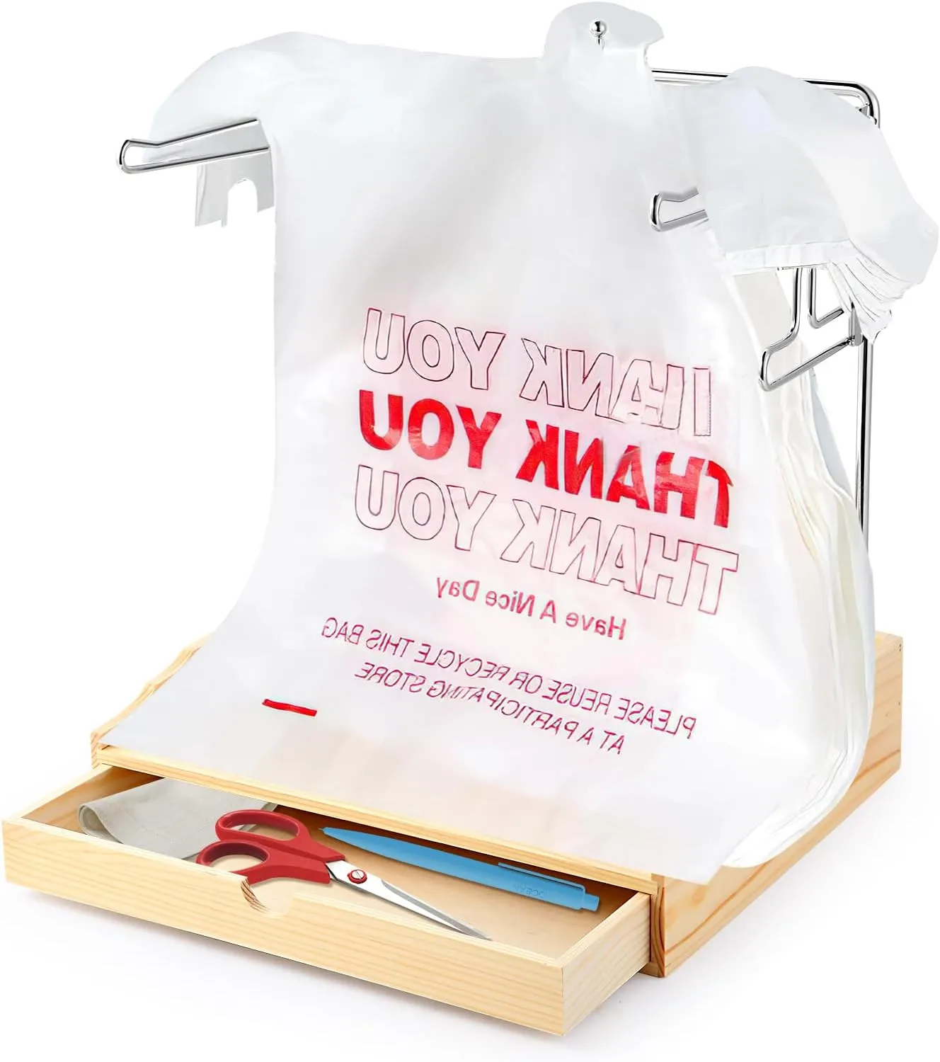 Plastic Grocery Bag Holder, Durable Chrome T-shirt Bag Rack with Wooden Drawer Box, Plastic Bag Organizer for Grocery Store, Supermarket, Kitchen, Restaurant