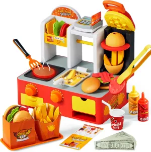 Play Kitchen Toddler Toy - 40  PCS Fast Food Station with Potato Cutter, Simulated Frying Effect & Lights, Order & Drink Station - Pretend and Play Food Toy Birthday Gift for Boys Girls