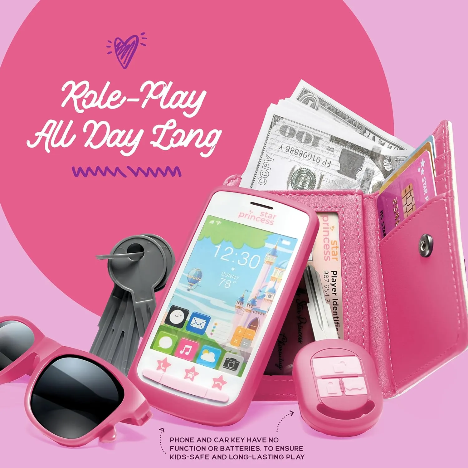 Play Purse for Little Girls and Toddlers - Girls Toys Pretend Play Accessories: Toy Phone, Wallet, Credit Cards, Keys, Pretend Makeup for Role Playing Toys for Girls Ages 3 4 5 6 7 8 Years and Up