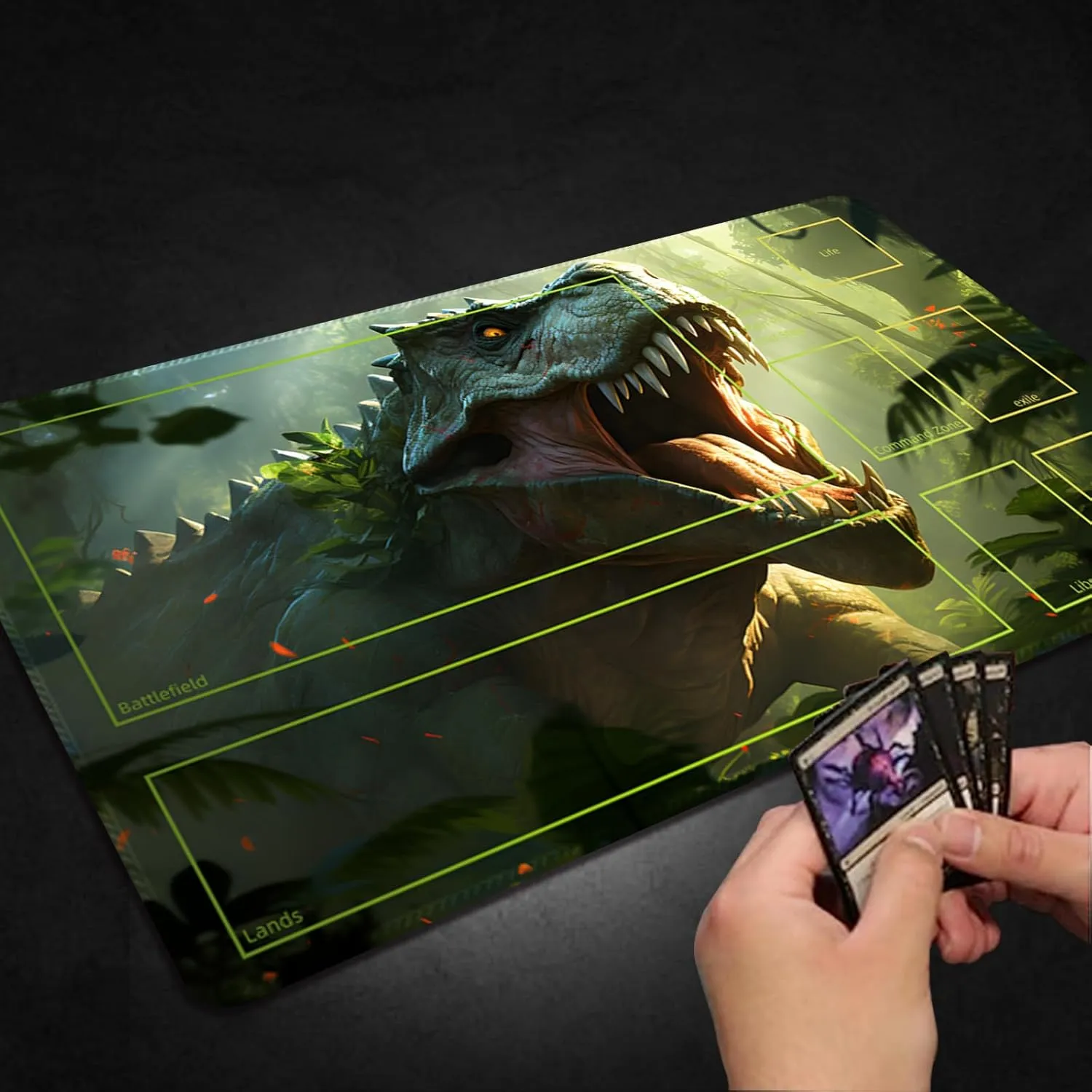 Playmat for MTG, with Free Storage Bags,Game Mat 24 x 14 inches, TCG and Board Game Mat for Cards,Mousepad Desk Mats (Dinosaur 3-Auxiliary Combat)