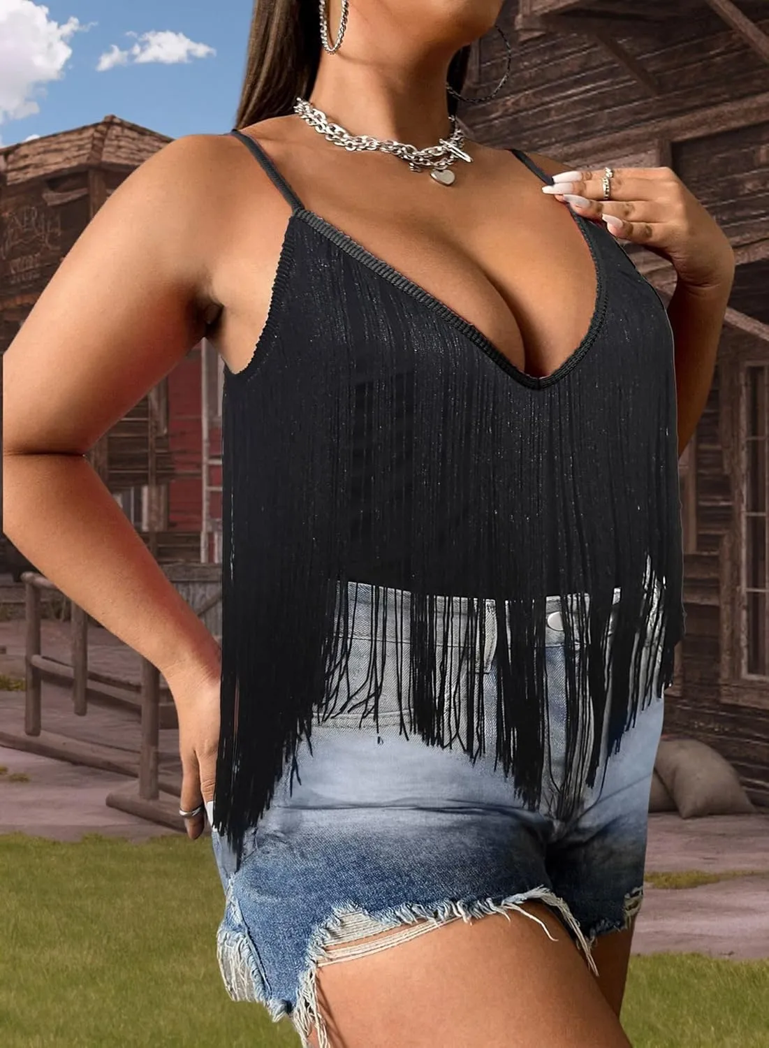 Plus Size Cowgirl Fringe Tops for Women - Western Country Concert Outfit Festival Tank Tassel Boho Rodeo Cami Shirt