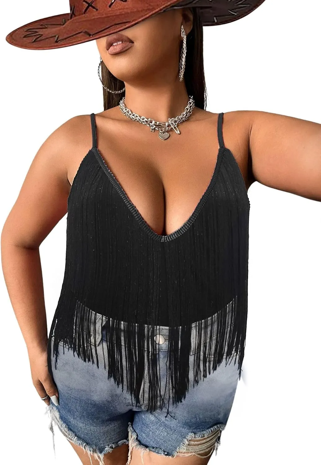 Plus Size Cowgirl Fringe Tops for Women - Western Country Concert Outfit Festival Tank Tassel Boho Rodeo Cami Shirt