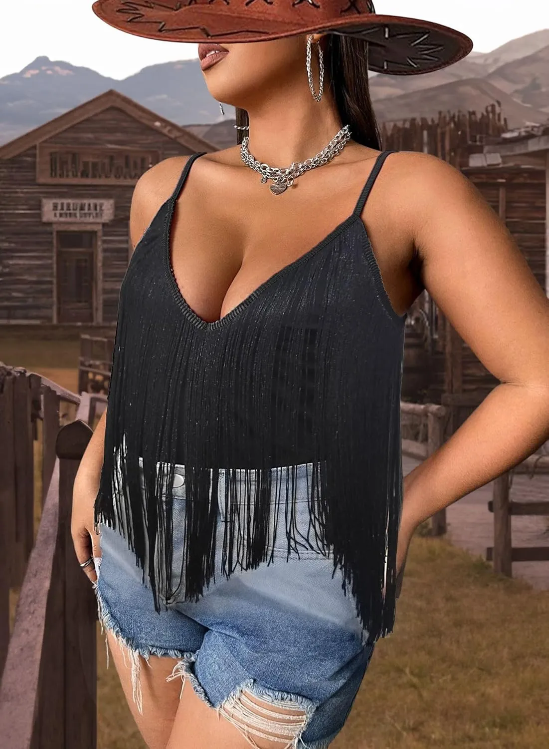 Plus Size Cowgirl Fringe Tops for Women - Western Country Concert Outfit Festival Tank Tassel Boho Rodeo Cami Shirt