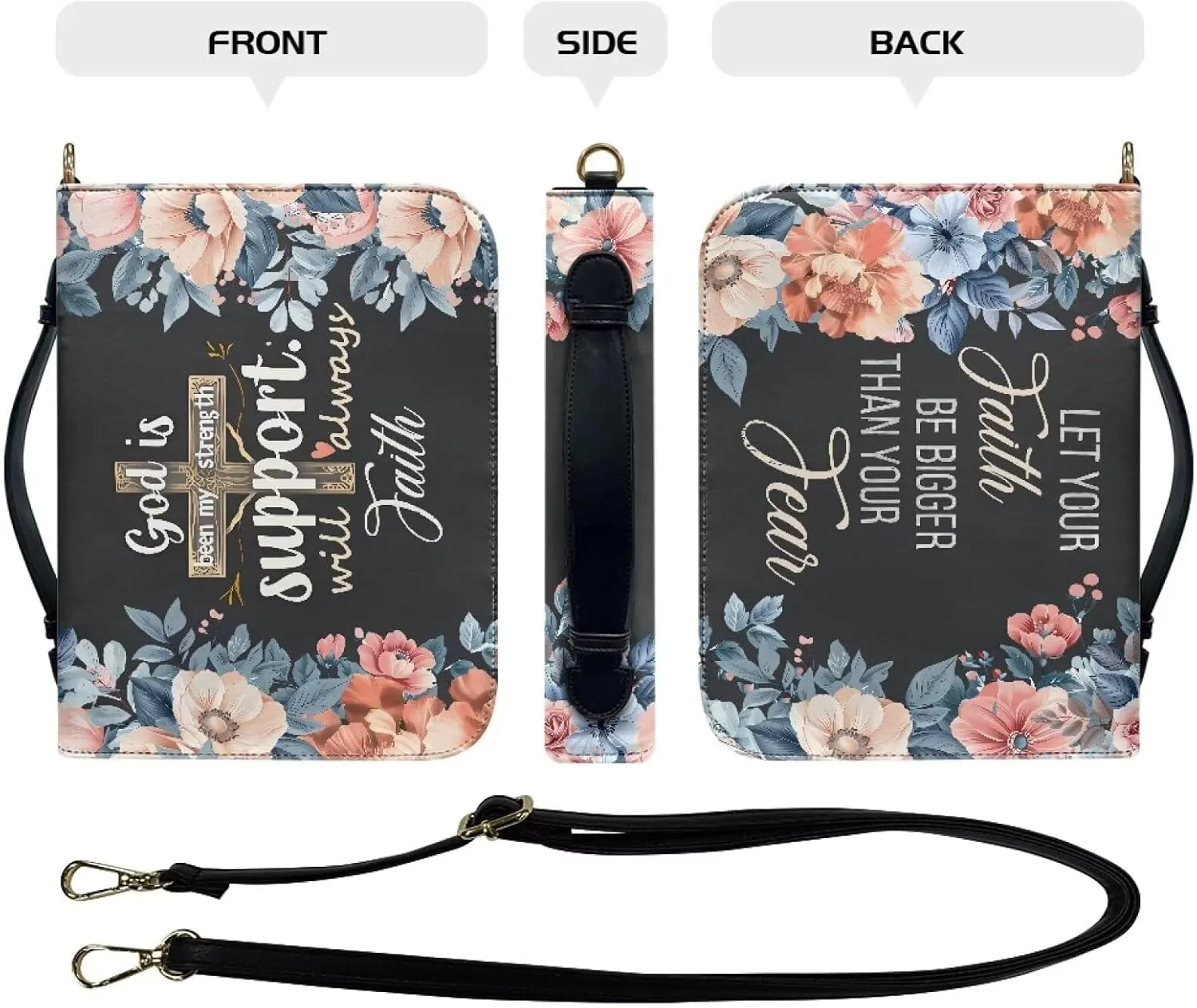 Poceacles Bible Covers for Women Men God is Been My Strength Support Will Always Faith Design Bible Case with Leather Crossbody Carrying Book Case Church Bag Bible Protective with Shoulder Strap