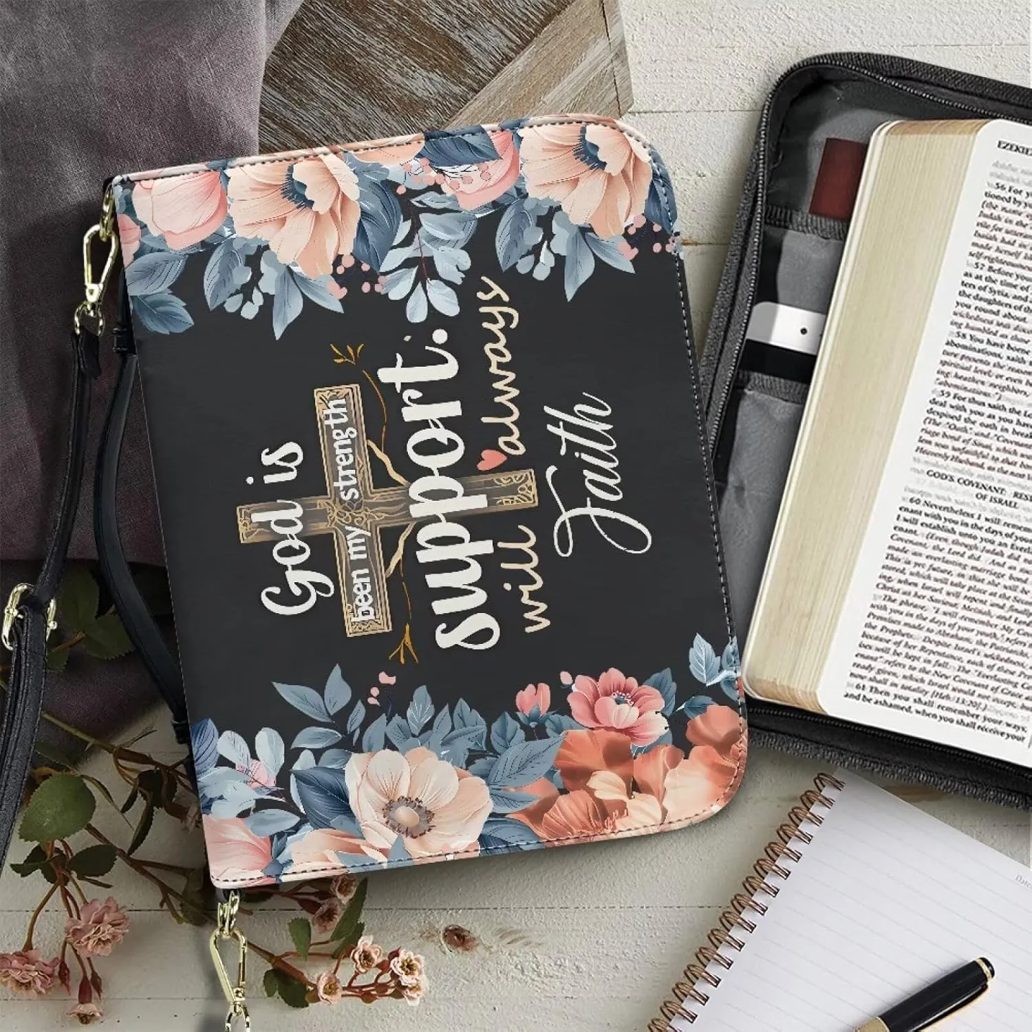 Poceacles Bible Covers for Women Men God is Been My Strength Support Will Always Faith Design Bible Case with Leather Crossbody Carrying Book Case Church Bag Bible Protective with Shoulder Strap