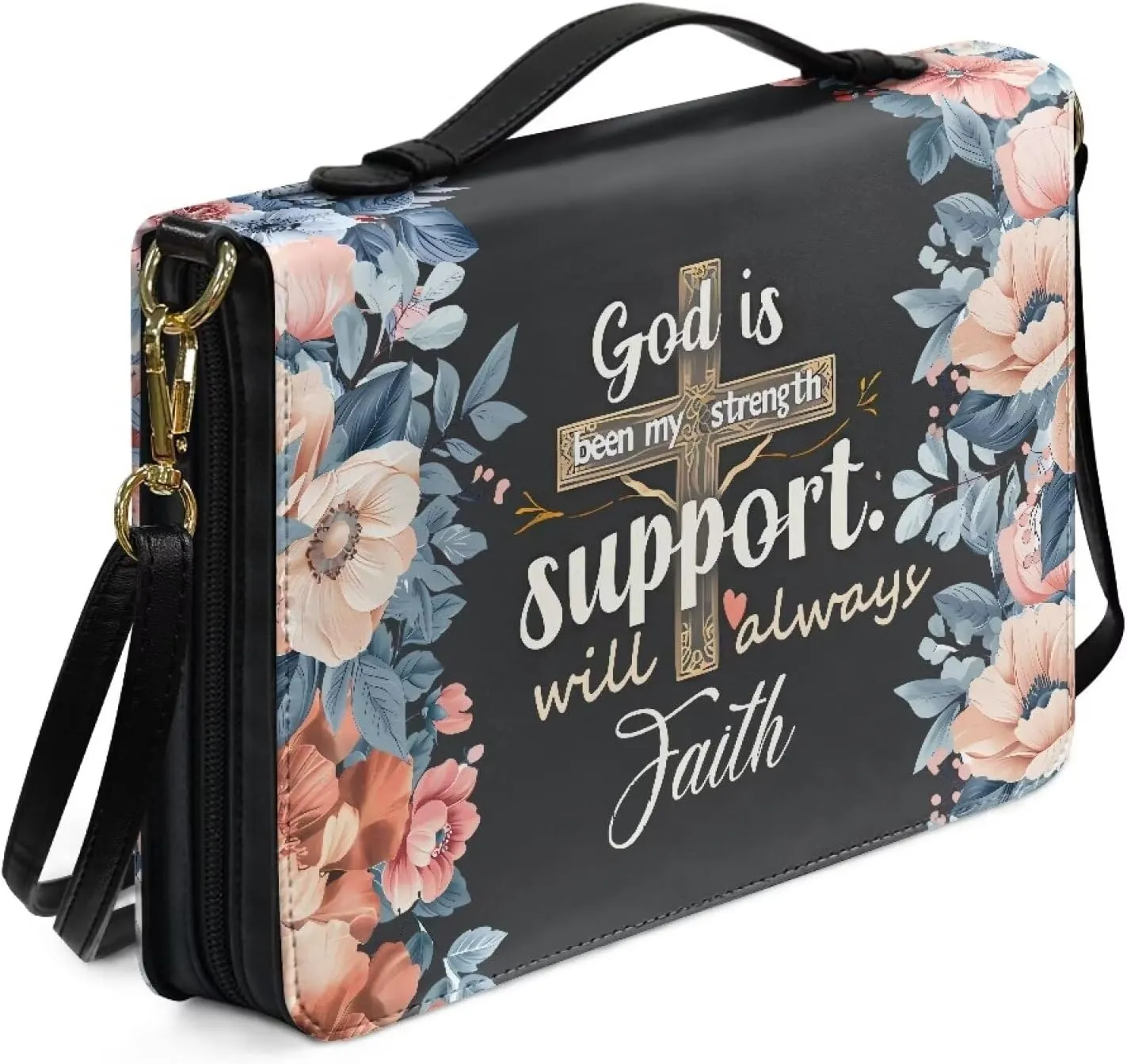 Poceacles Bible Covers for Women Men God is Been My Strength Support Will Always Faith Design Bible Case with Leather Crossbody Carrying Book Case Church Bag Bible Protective with Shoulder Strap
