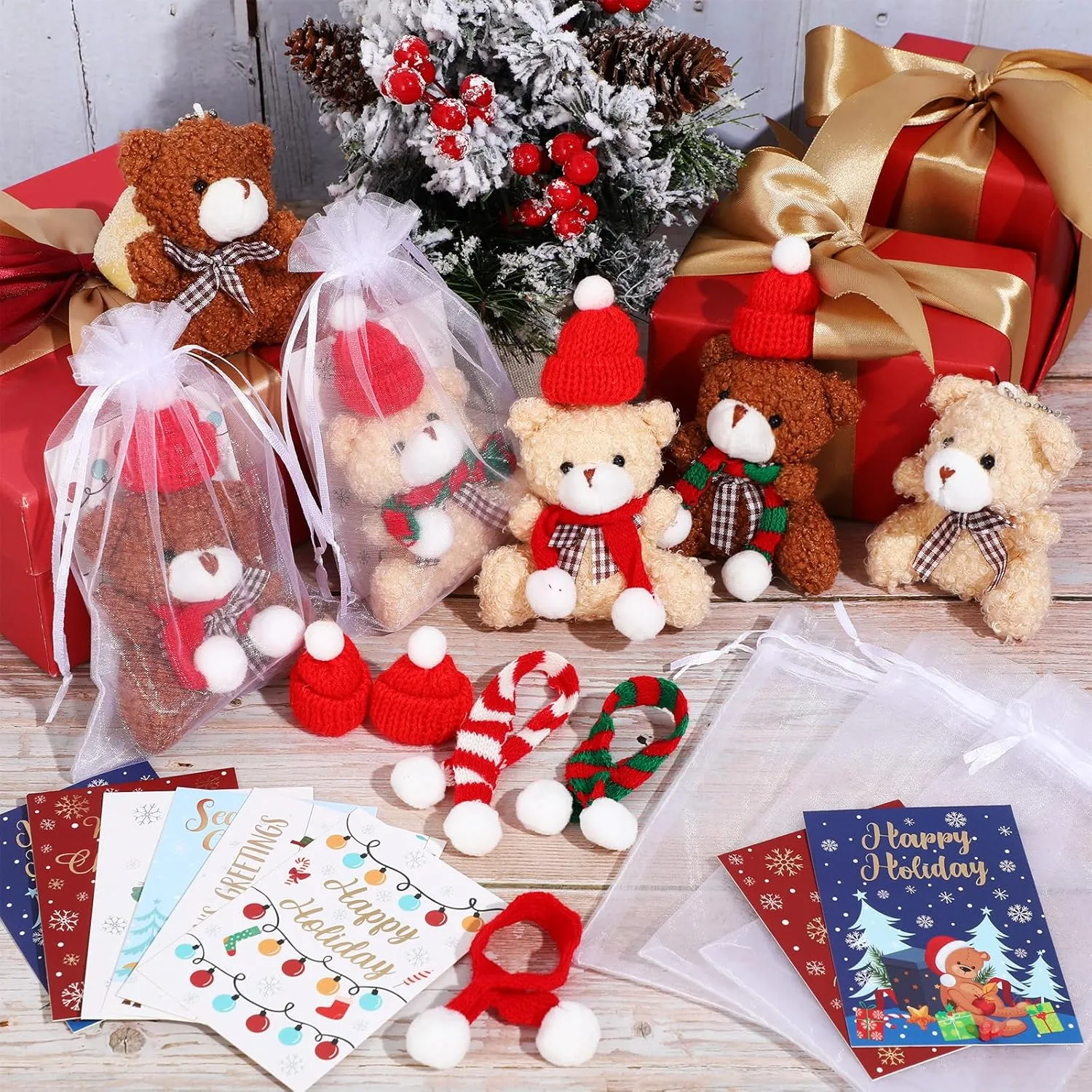 Poen 24 Set Christmas Gift 4 Inch Mini Christmas Stuffed Plush Bear with Santa Hat Scarf Cards Organza Bags Xmas Small Bear Toy Set for Holiday Party Favor(Stylish Style)