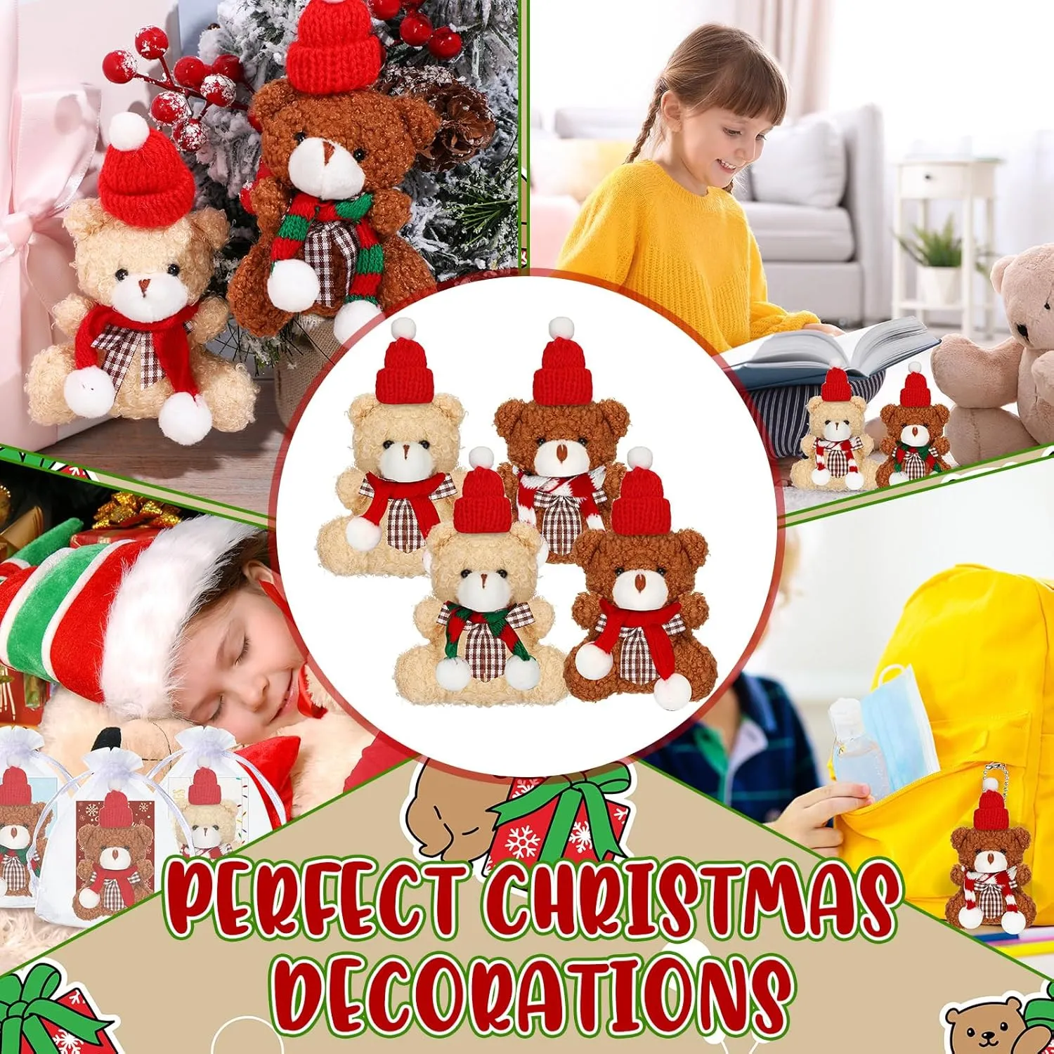 Poen 24 Set Christmas Gift 4 Inch Mini Christmas Stuffed Plush Bear with Santa Hat Scarf Cards Organza Bags Xmas Small Bear Toy Set for Holiday Party Favor(Stylish Style)
