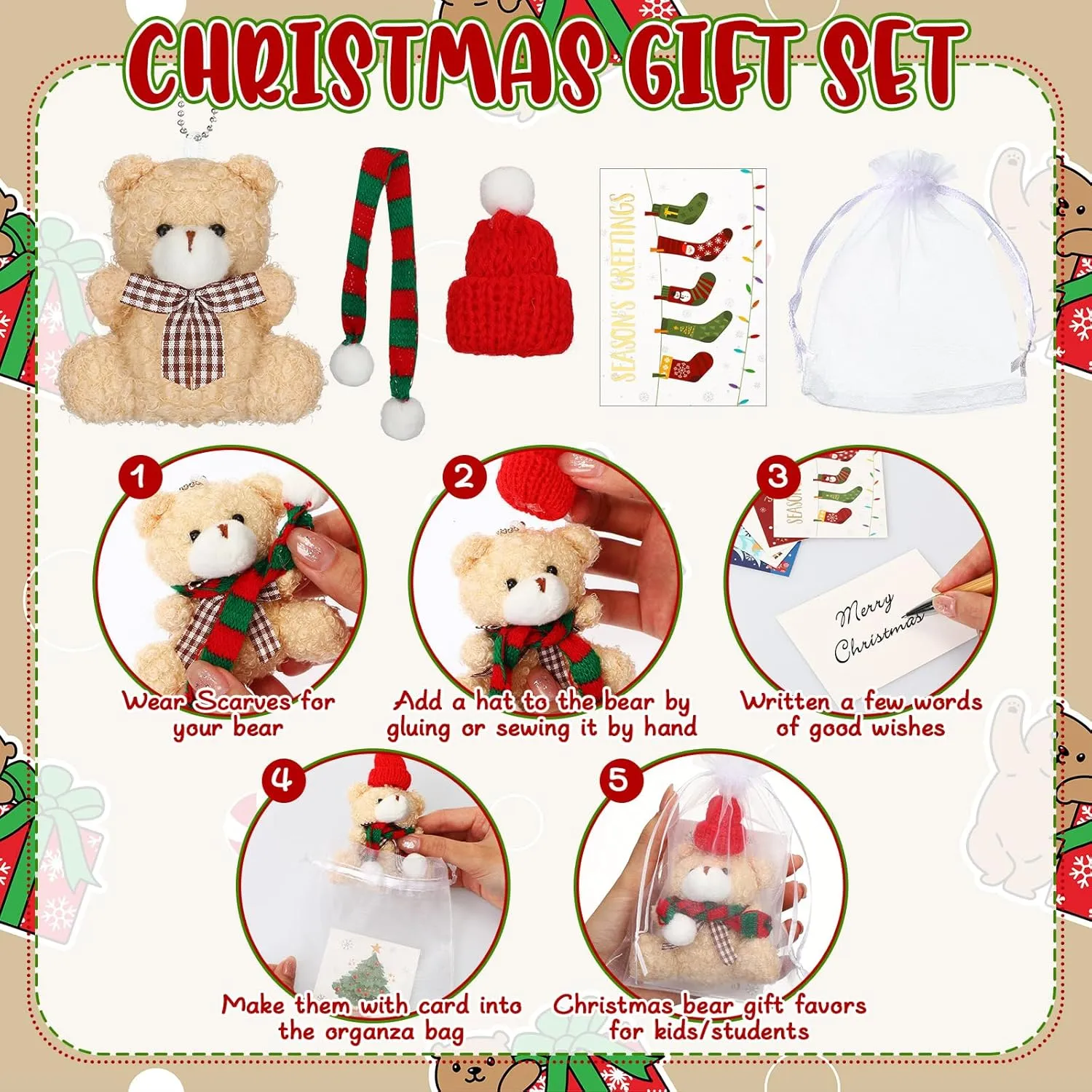 Poen 24 Set Christmas Gift 4 Inch Mini Christmas Stuffed Plush Bear with Santa Hat Scarf Cards Organza Bags Xmas Small Bear Toy Set for Holiday Party Favor(Stylish Style)