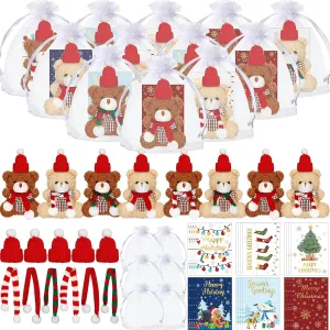 Poen 24 Set Christmas Gift 4 Inch Mini Christmas Stuffed Plush Bear with Santa Hat Scarf Cards Organza Bags Xmas Small Bear Toy Set for Holiday Party Favor(Stylish Style)