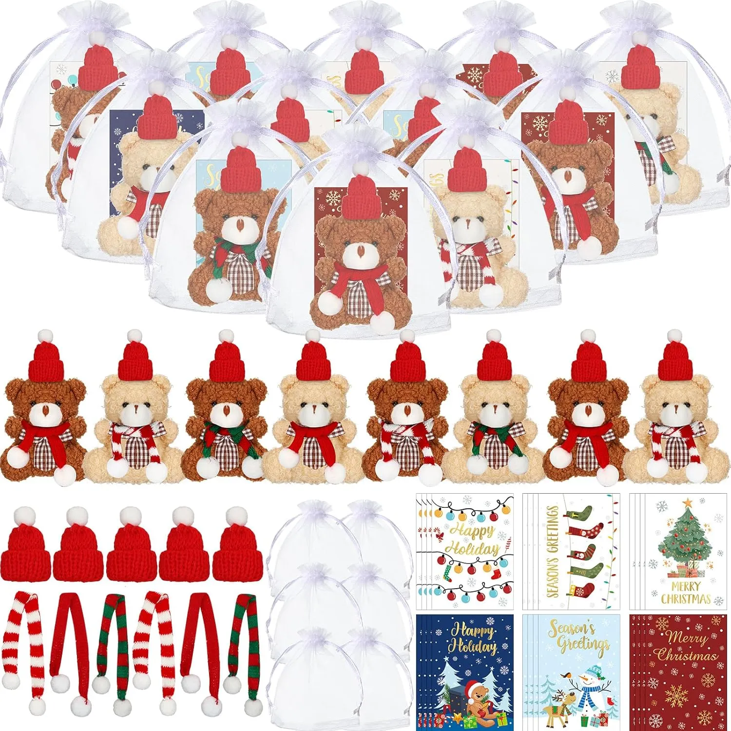 Poen 24 Set Christmas Gift 4 Inch Mini Christmas Stuffed Plush Bear with Santa Hat Scarf Cards Organza Bags Xmas Small Bear Toy Set for Holiday Party Favor(Stylish Style)