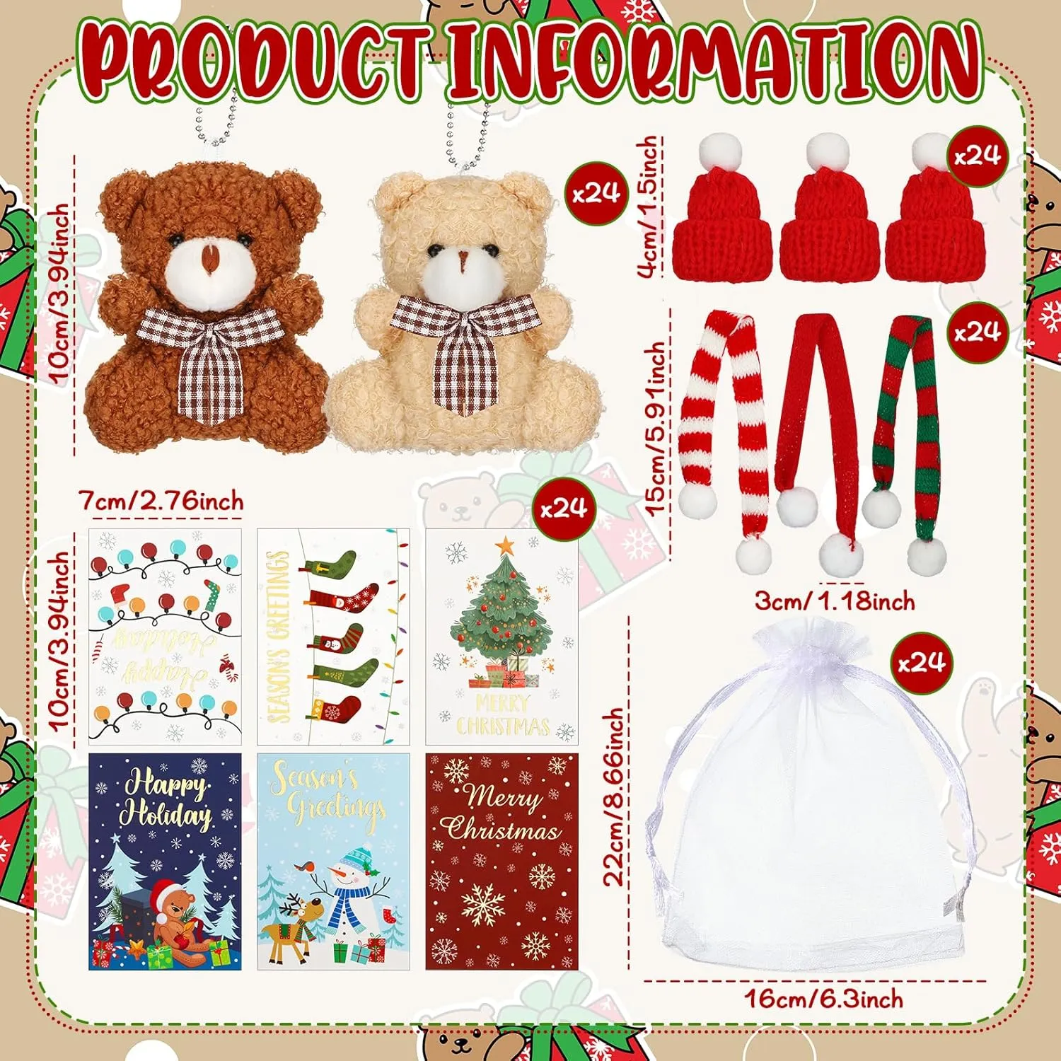 Poen 24 Set Christmas Gift 4 Inch Mini Christmas Stuffed Plush Bear with Santa Hat Scarf Cards Organza Bags Xmas Small Bear Toy Set for Holiday Party Favor(Stylish Style)