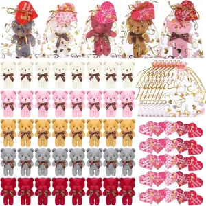 Poen 296 Pieces Valentine Mini Bear Toy Stuffed Tiny Bear Plush Miniature Doll with Heart Cards Pink Organza Bags for Boy Girl Keychain Classroom Exchange Wedding Birthday Gift Party Favor