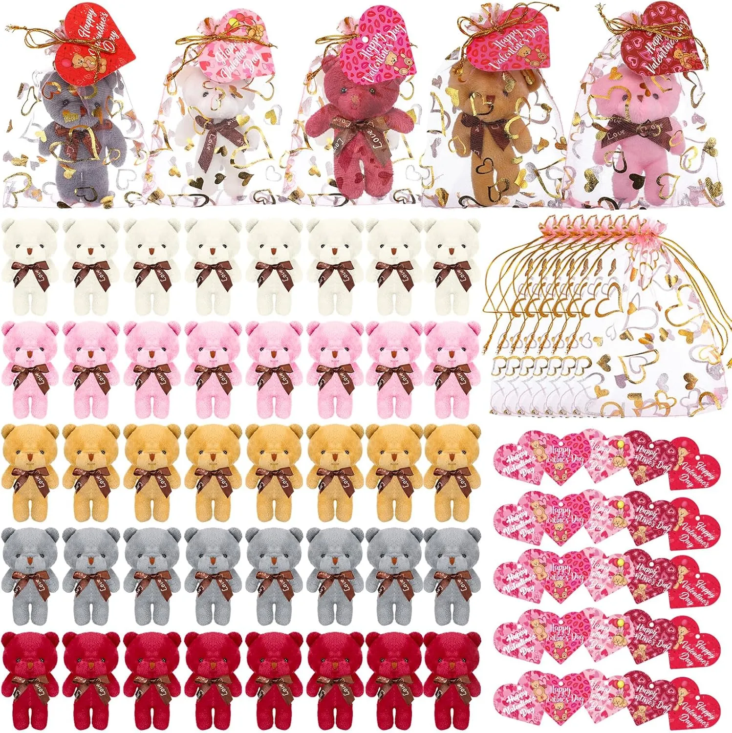 Poen 296 Pieces Valentine Mini Bear Toy Stuffed Tiny Bear Plush Miniature Doll with Heart Cards Pink Organza Bags for Boy Girl Keychain Classroom Exchange Wedding Birthday Gift Party Favor