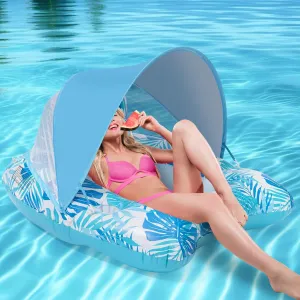 Pool Float with Canopy, Large Pool Floats, Pool Floaties for Adults, Inflatable Pool Chair Lounger Float with Adjustable Sun Shade Cover, Cup Holders, Ergonomic Headrest