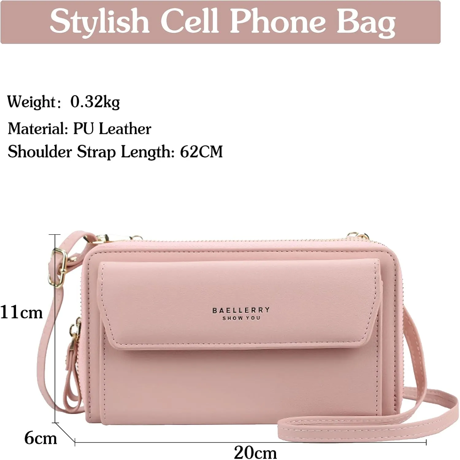 PORRASSO Crossbody Wallet Fashion Phone Bag Women's Shoulder Bag Clutch Purse Bag PU Wallet for Party Wedding Travelling Pink