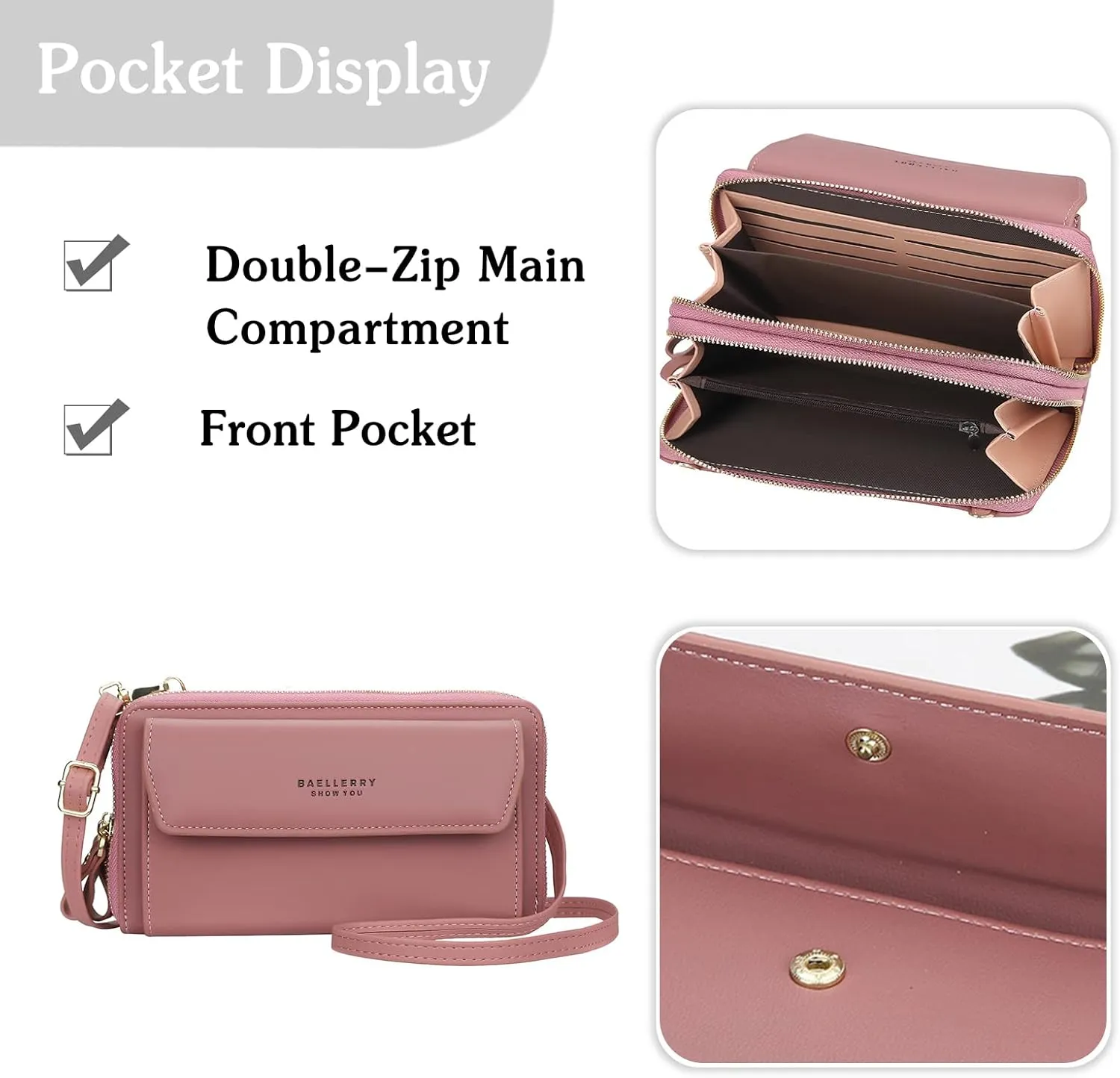 PORRASSO Crossbody Wallet Fashion Phone Bag Women's Shoulder Bag Clutch Purse Bag PU Wallet for Party Wedding Travelling Pink