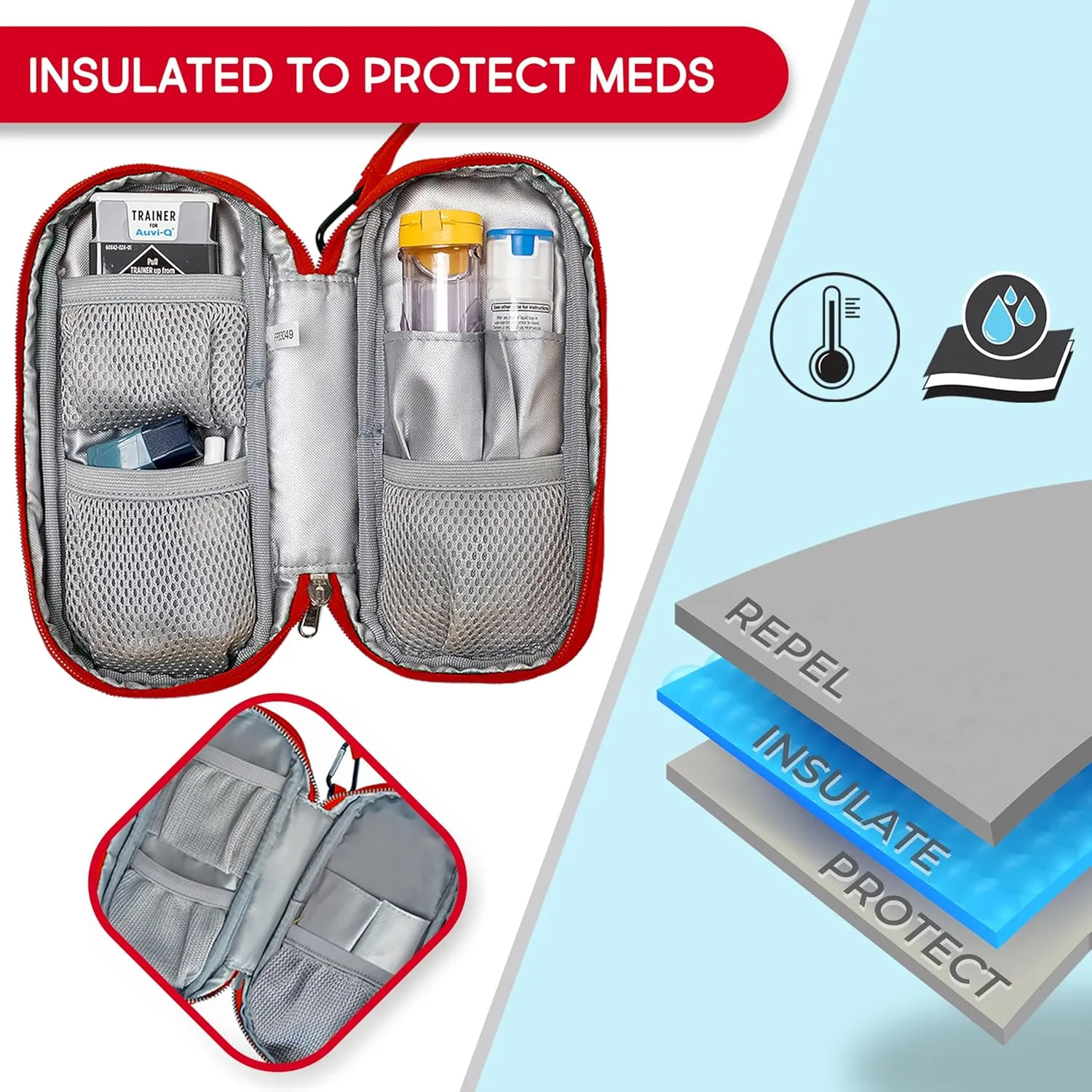PracMedic Bags Epipen Carry Case– Insulated Epi Pens Carrying Case for Epipens, Auvi-Q, Inhaler, Allergy Medication & Diabetes Supply– Durable Emergency Medical Pouch for Travel (Red)