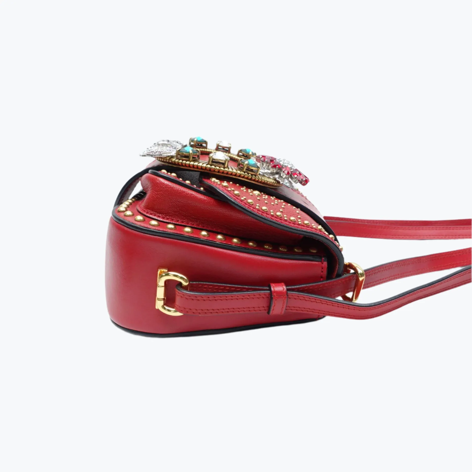 PRE-OWNED Red Embellished Leather Dahlia Crossbody Bag