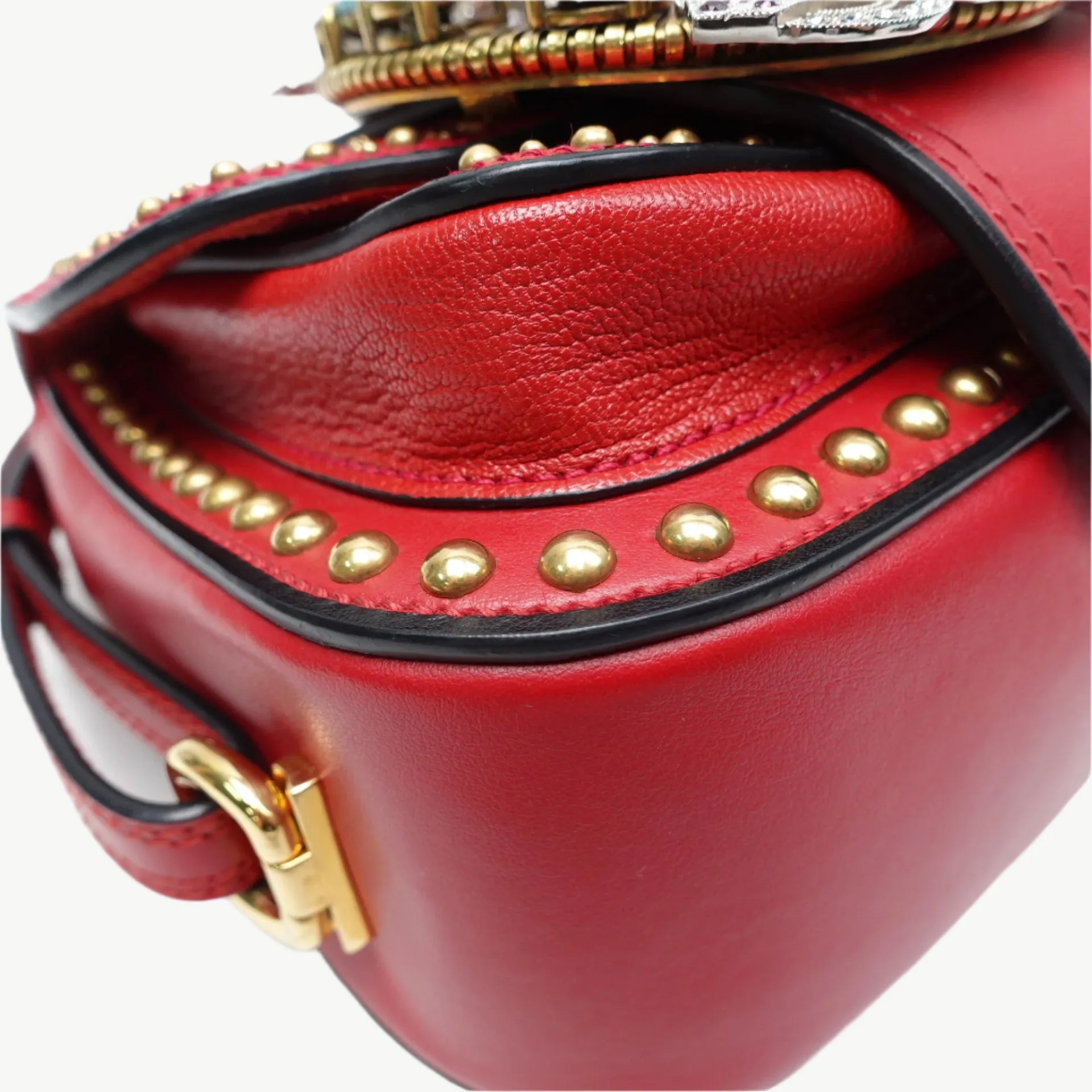PRE-OWNED Red Embellished Leather Dahlia Crossbody Bag