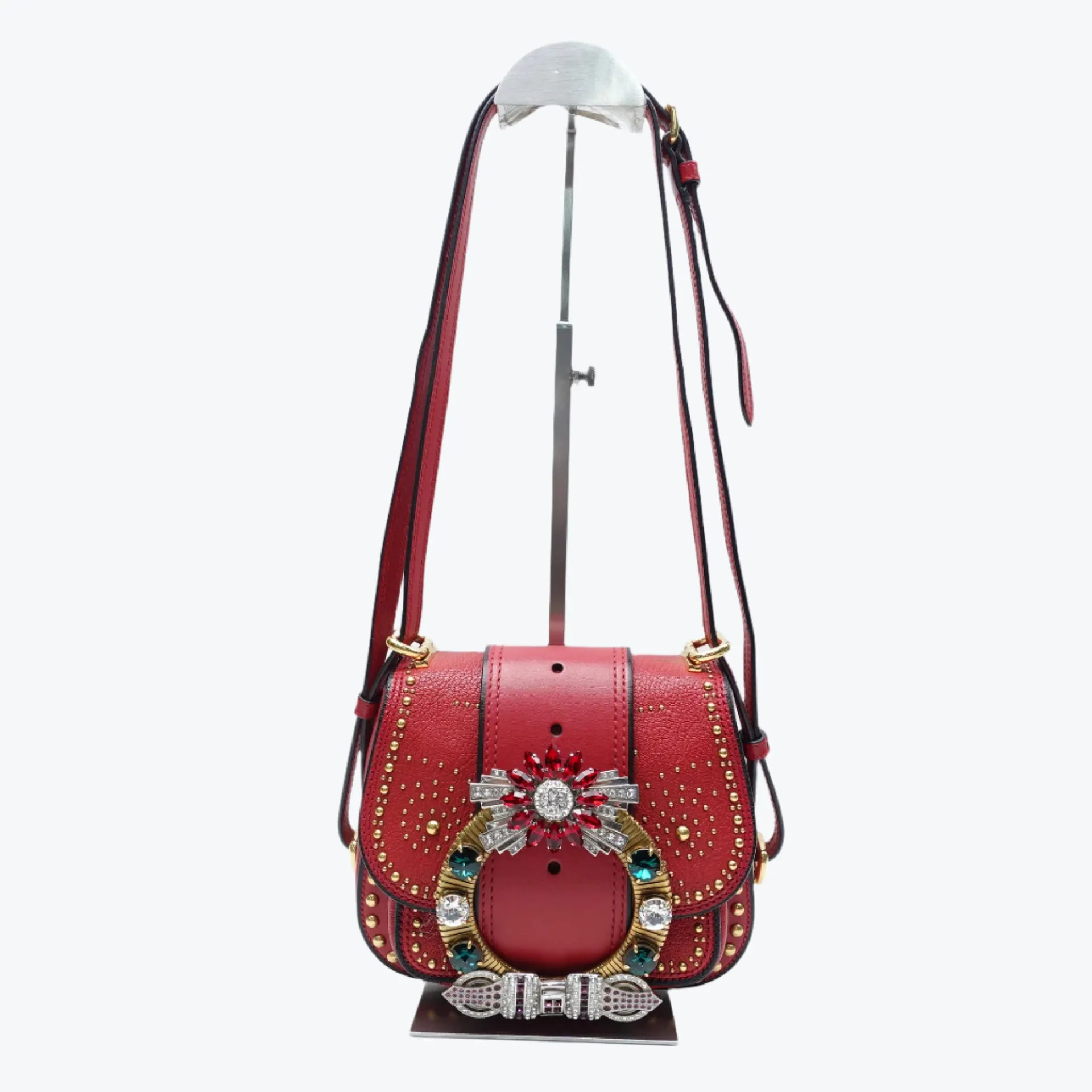 PRE-OWNED Red Embellished Leather Dahlia Crossbody Bag