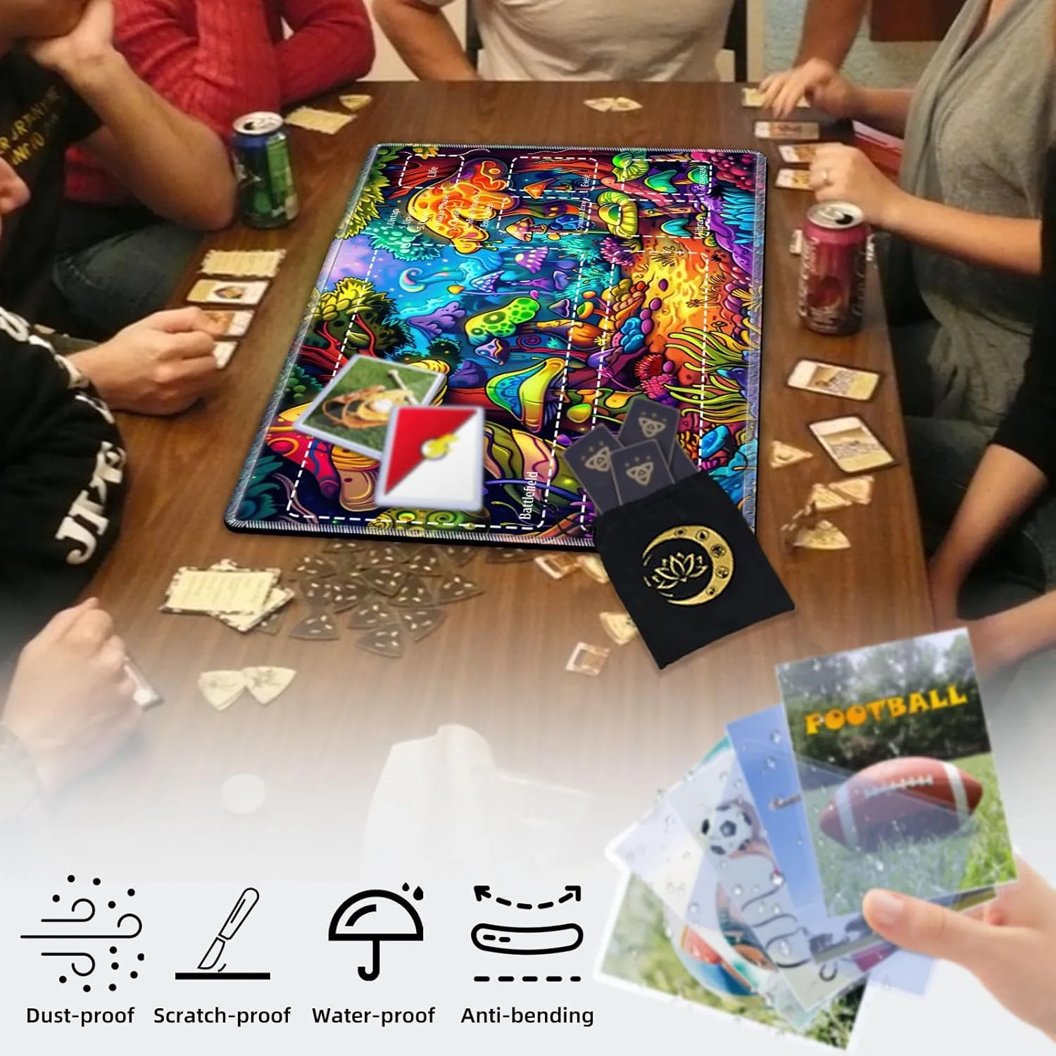 Premium CCG Playmat with 6 Gaming Zones | 28x16 Non-Slip Rubber Surface MTG Mat | Black Play Card Storage Pouch for TCG Playmat | Colorful Mushroom
