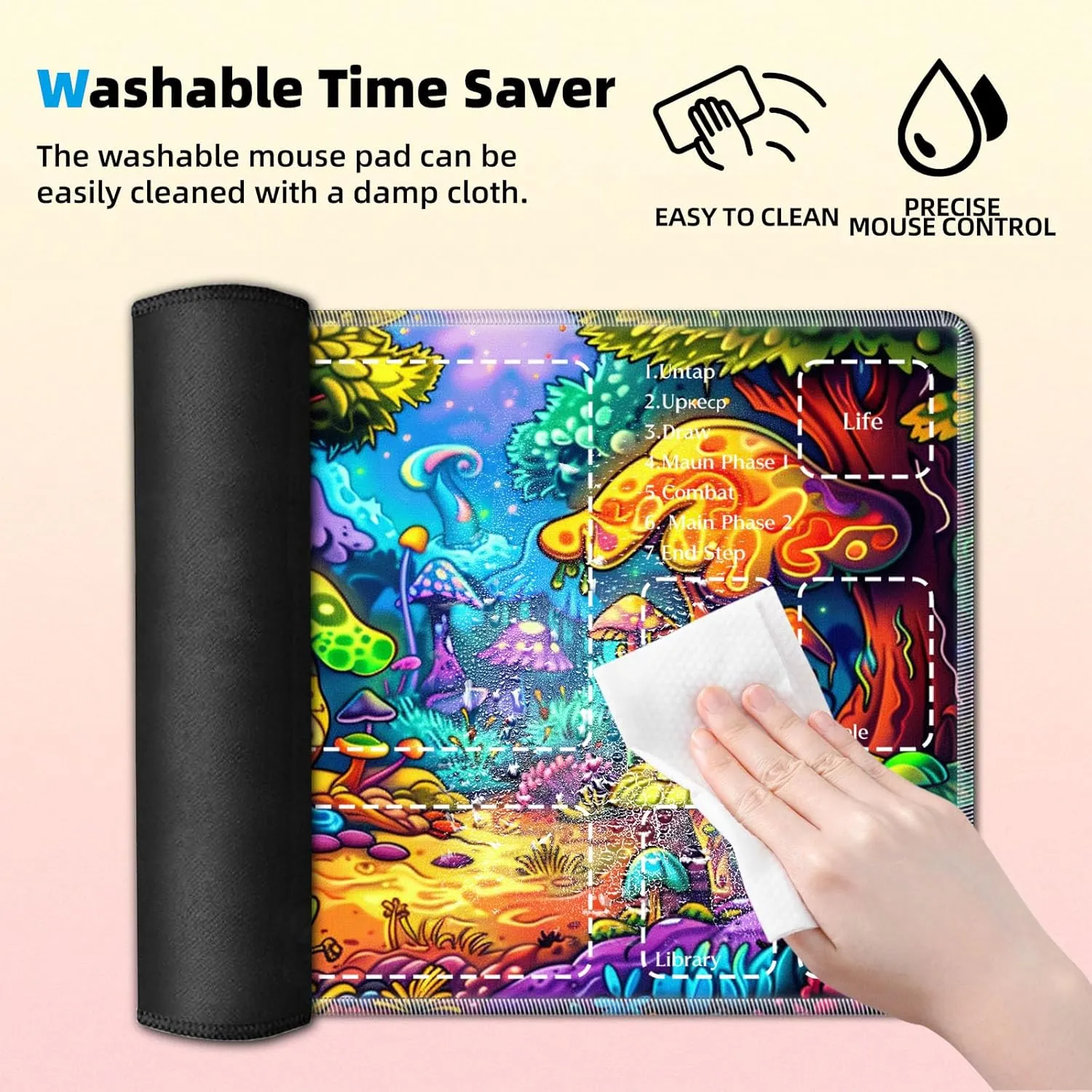 Premium CCG Playmat with 6 Gaming Zones | 28x16 Non-Slip Rubber Surface MTG Mat | Black Play Card Storage Pouch for TCG Playmat | Colorful Mushroom