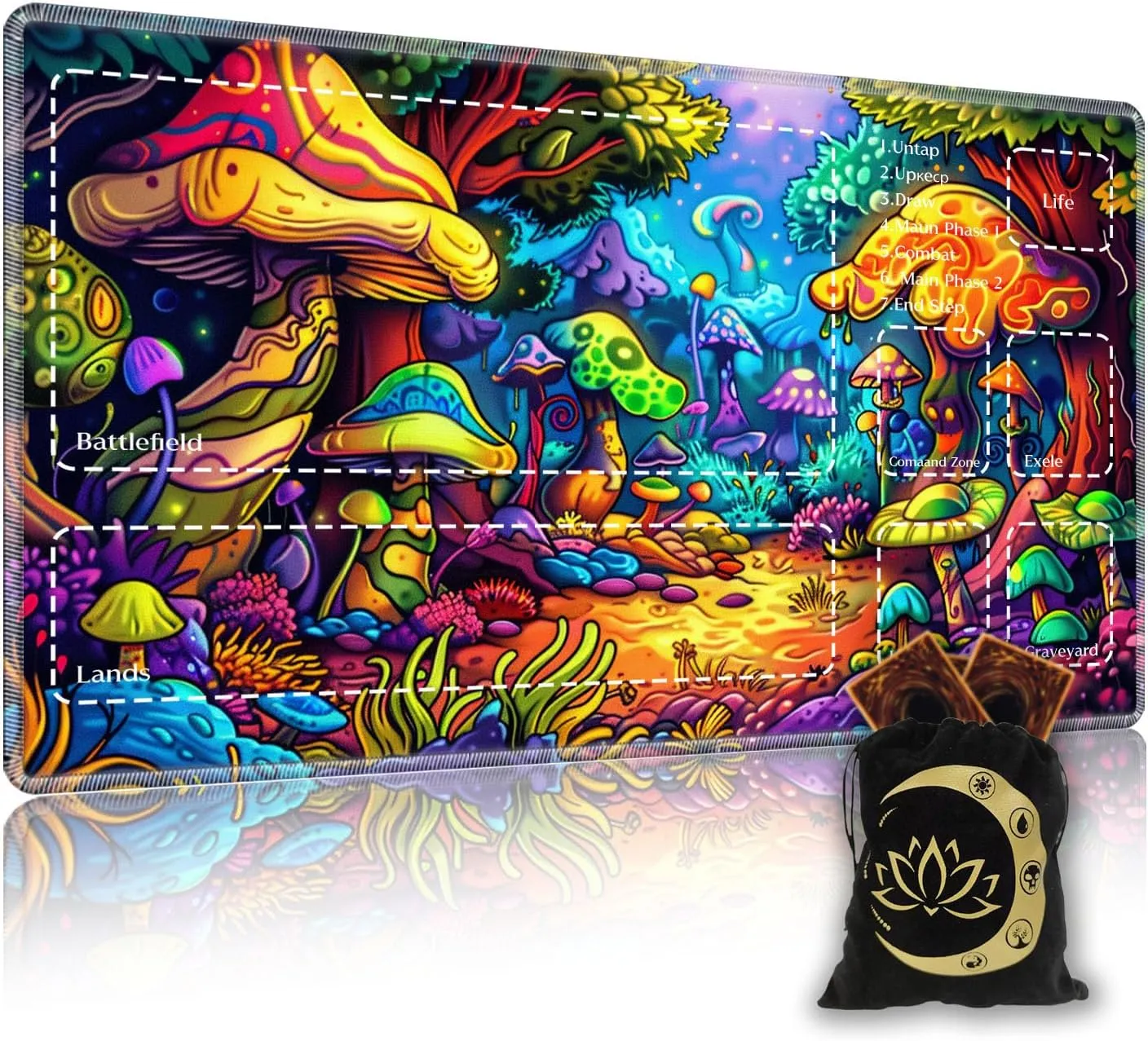 Premium CCG Playmat with 6 Gaming Zones | 28x16 Non-Slip Rubber Surface MTG Mat | Black Play Card Storage Pouch for TCG Playmat | Colorful Mushroom
