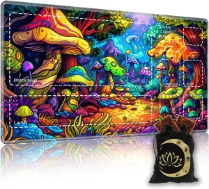 Premium CCG Playmat with 6 Gaming Zones | 28x16 Non-Slip Rubber Surface MTG Mat | Black Play Card Storage Pouch for TCG Playmat | Colorful Mushroom