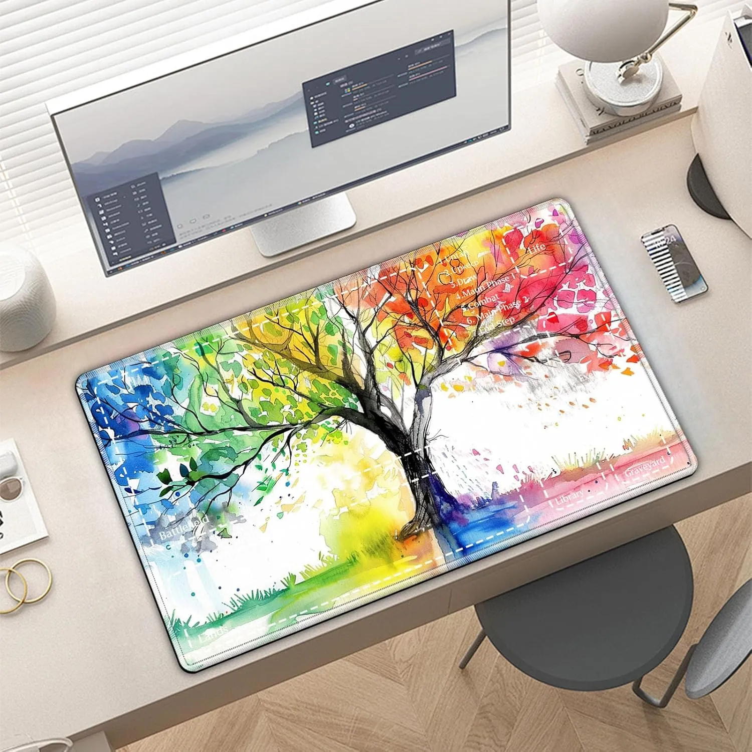 Premium CCG Playmat with 6 Gaming Zones | 28x16 Non-Slip Rubber Surface MTG Mat | Black Play Card Storage Pouch for TCG Playmat | Colorful Tree