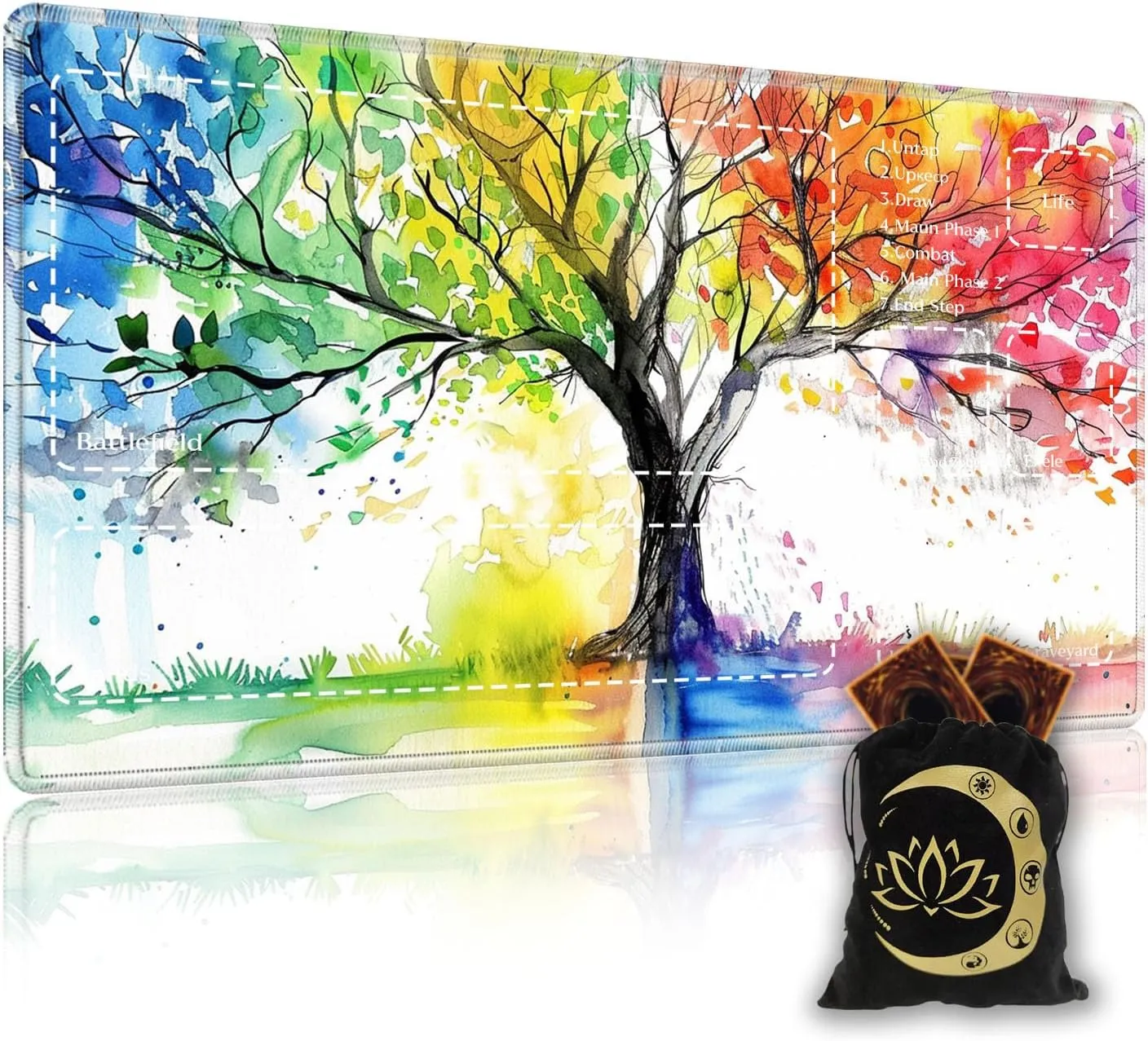 Premium CCG Playmat with 6 Gaming Zones | 28x16 Non-Slip Rubber Surface MTG Mat | Black Play Card Storage Pouch for TCG Playmat | Colorful Tree