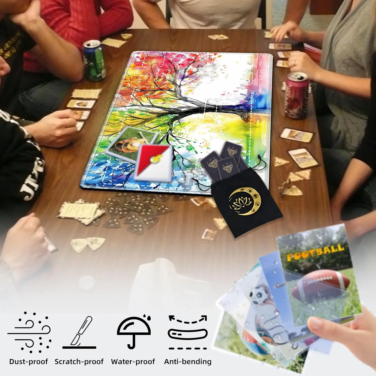 Premium CCG Playmat with 6 Gaming Zones | 28x16 Non-Slip Rubber Surface MTG Mat | Black Play Card Storage Pouch for TCG Playmat | Colorful Tree
