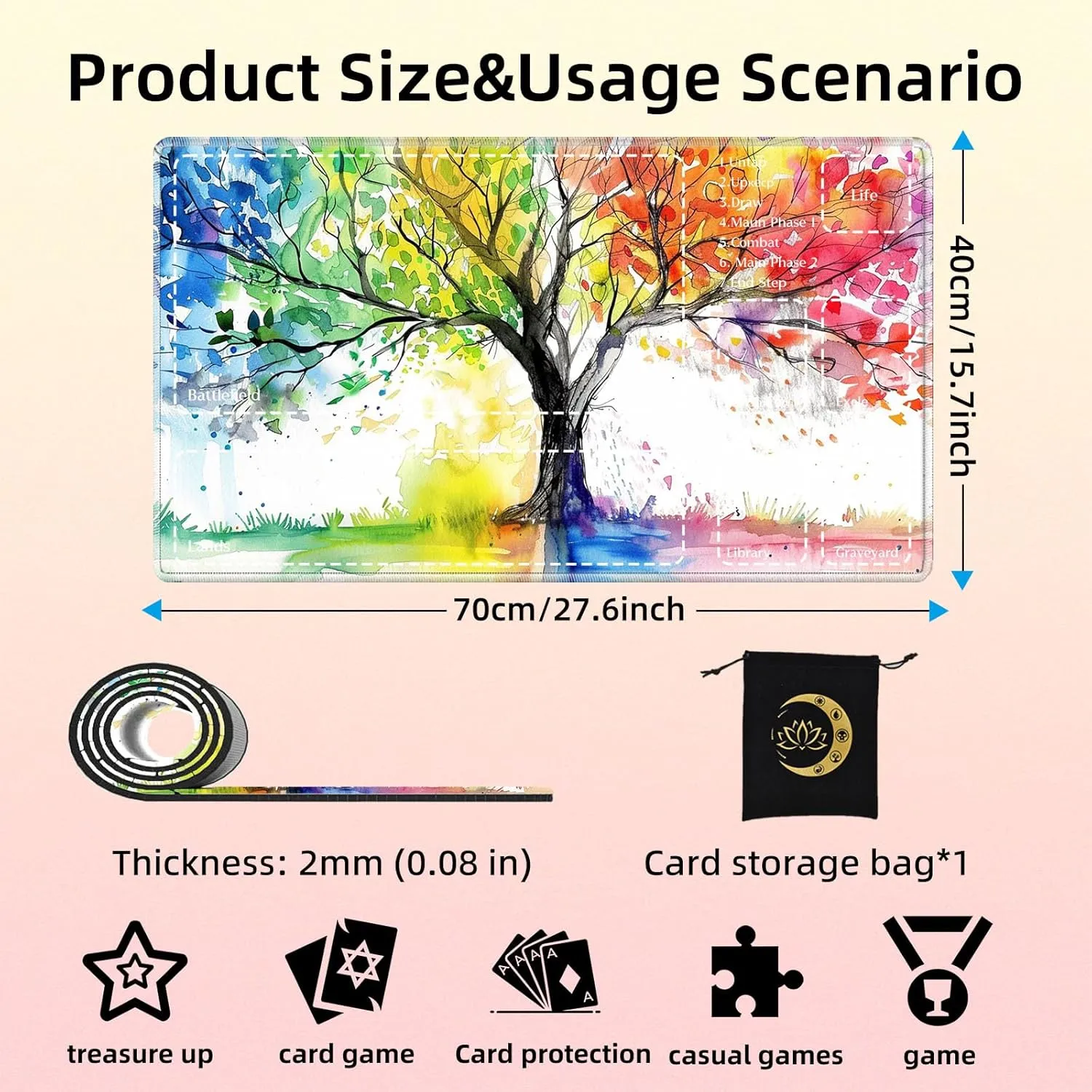 Premium CCG Playmat with 6 Gaming Zones | 28x16 Non-Slip Rubber Surface MTG Mat | Black Play Card Storage Pouch for TCG Playmat | Colorful Tree