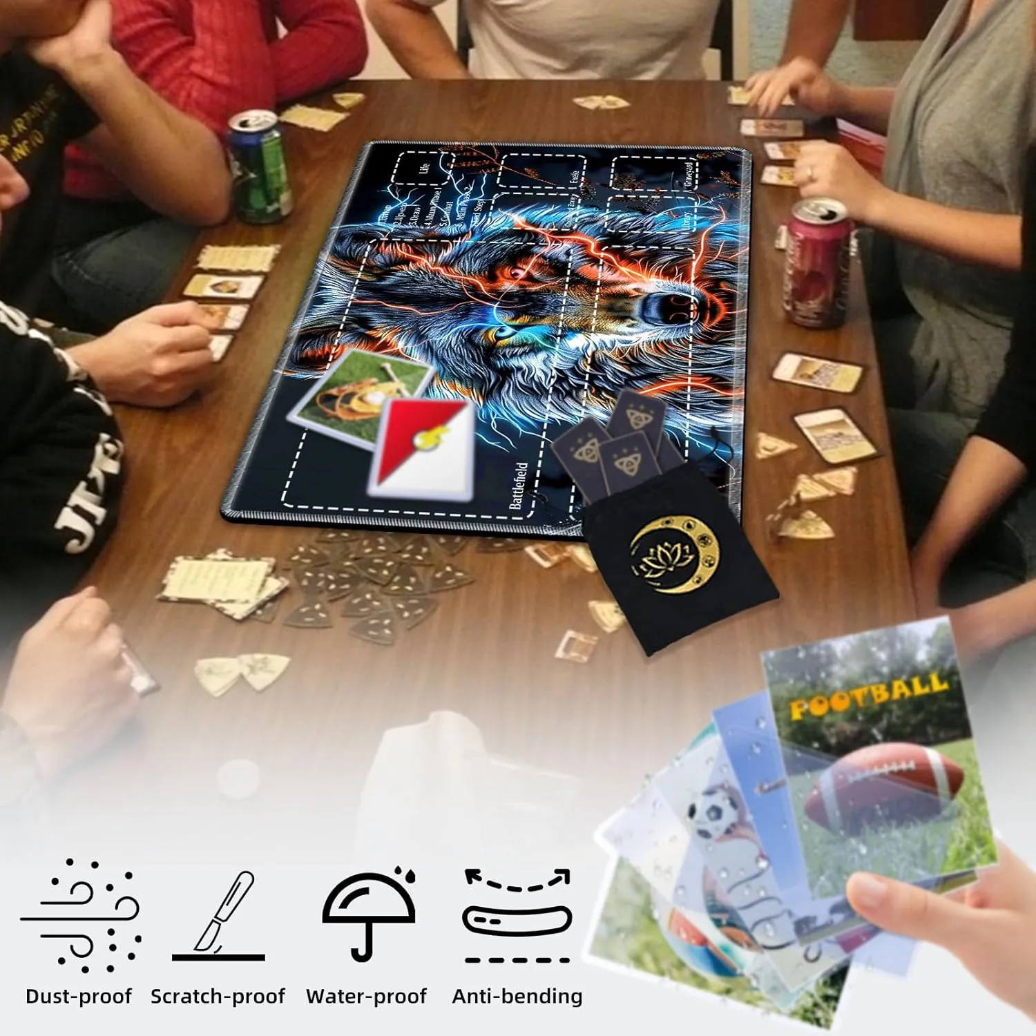 Premium CCG Playmat with 6 Gaming Zones | 28x16 Non-Slip Rubber Surface MTG Mat | Black Play Card Storage Pouch for TCG Playmat | Flash Wolf
