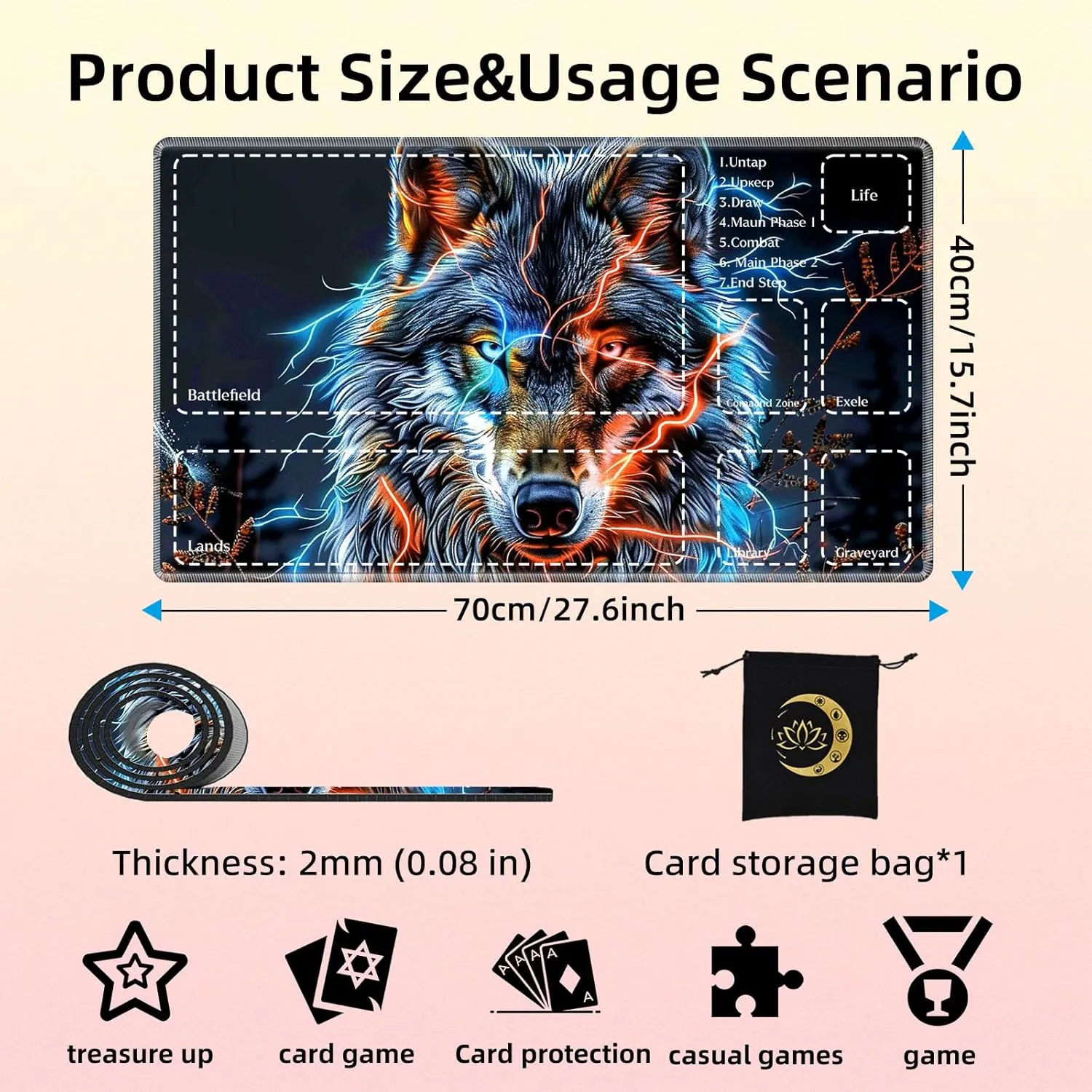 Premium CCG Playmat with 6 Gaming Zones | 28x16 Non-Slip Rubber Surface MTG Mat | Black Play Card Storage Pouch for TCG Playmat | Flash Wolf
