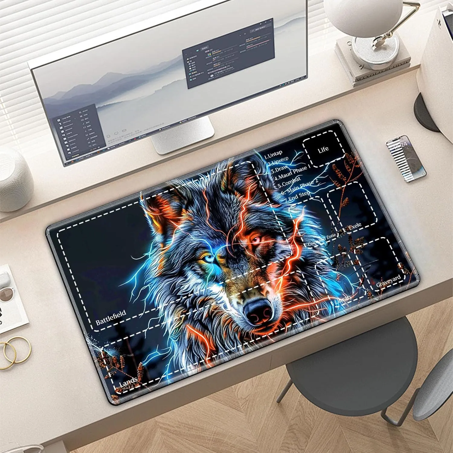 Premium CCG Playmat with 6 Gaming Zones | 28x16 Non-Slip Rubber Surface MTG Mat | Black Play Card Storage Pouch for TCG Playmat | Flash Wolf