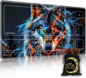 Premium CCG Playmat with 6 Gaming Zones | 28x16 Non-Slip Rubber Surface MTG Mat | Black Play Card Storage Pouch for TCG Playmat | Flash Wolf